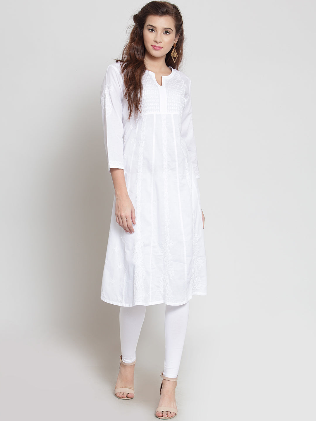 Women’s White Cotton Hand-Embroidered Chikankari Kurti – Round Neck, 3/4 Sleeves, 45 Inches