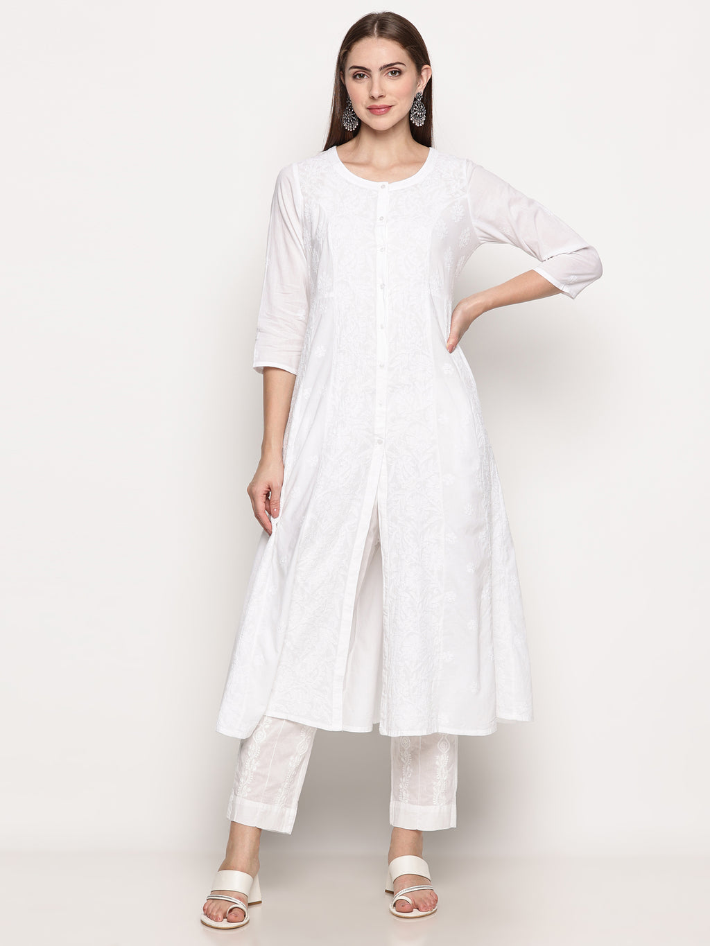 White Cotton Hand Embroidered Chikankari Kurti | Round Neck, 3/4 Sleeves, 46 Inches