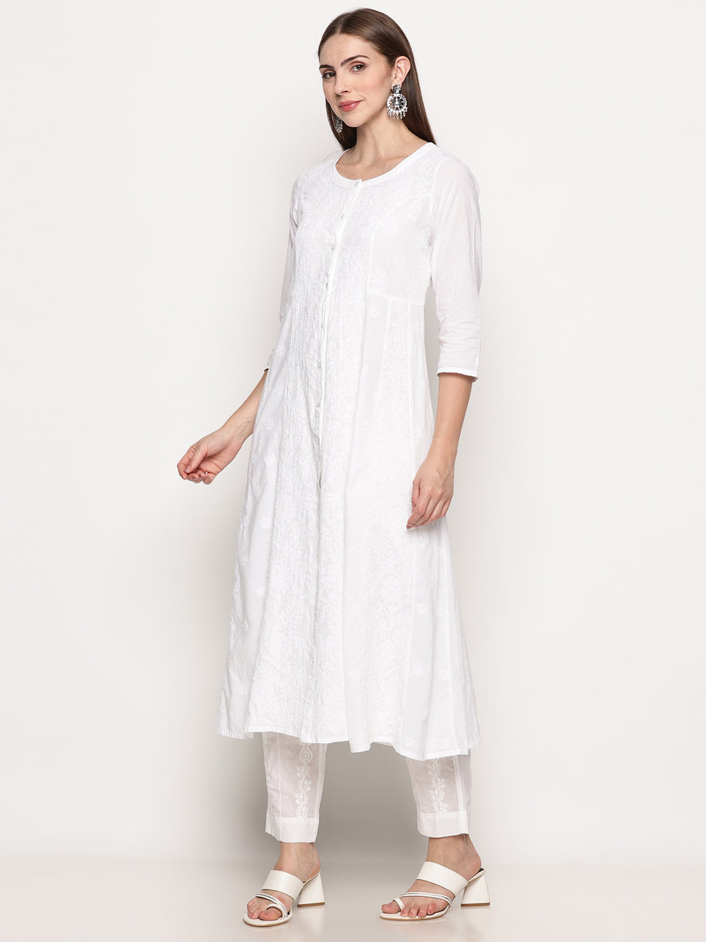 White Cotton Hand Embroidered Chikankari Kurti | Round Neck, 3/4 Sleeves, 46 Inches