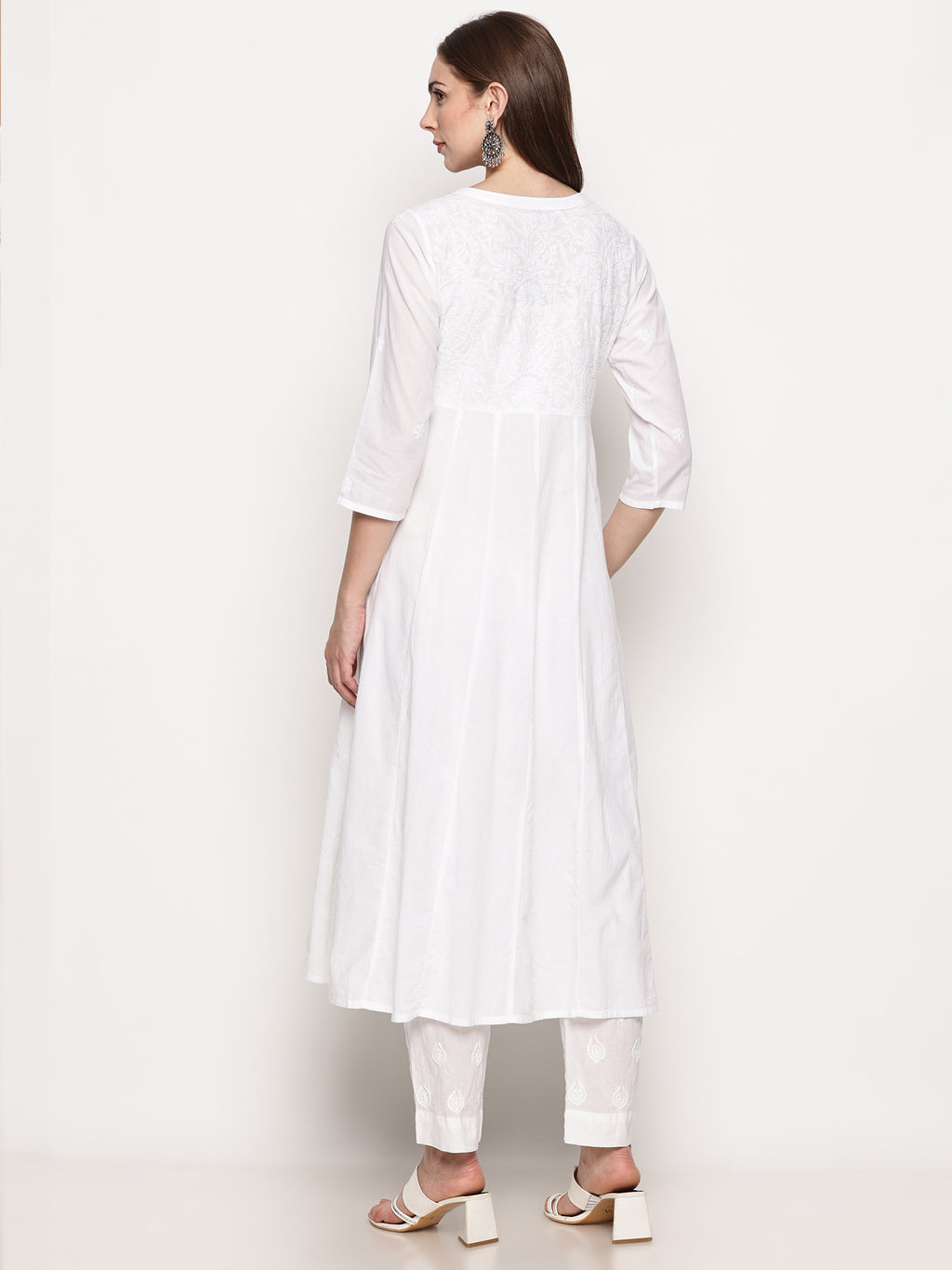 White Cotton Hand Embroidered Chikankari Kurti | Round Neck, 3/4 Sleeves, 46 Inches