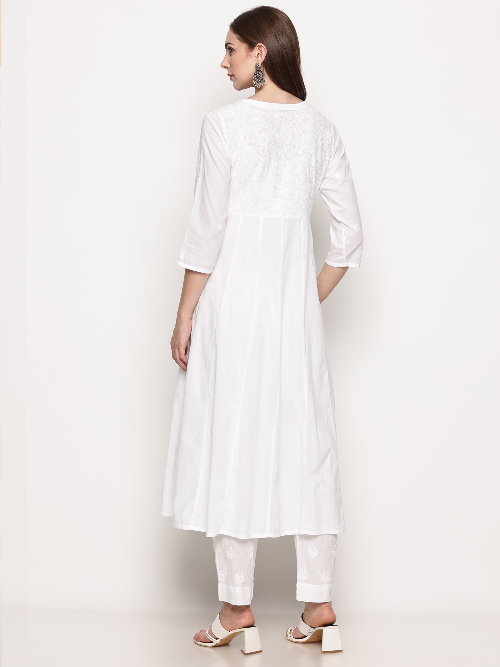 White Cotton Hand Embroidered Chikankari Kurti | Round Neck, 3/4 Sleeves, 46 Inches