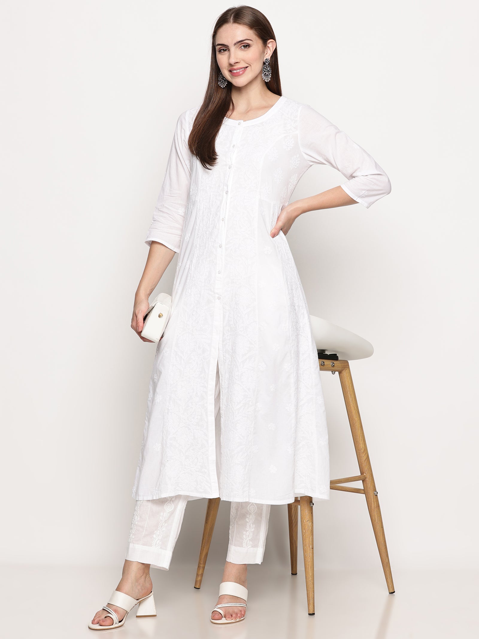 White Cotton Hand Embroidered Chikankari Kurti | Round Neck, 3/4 Sleeves, 46 Inches