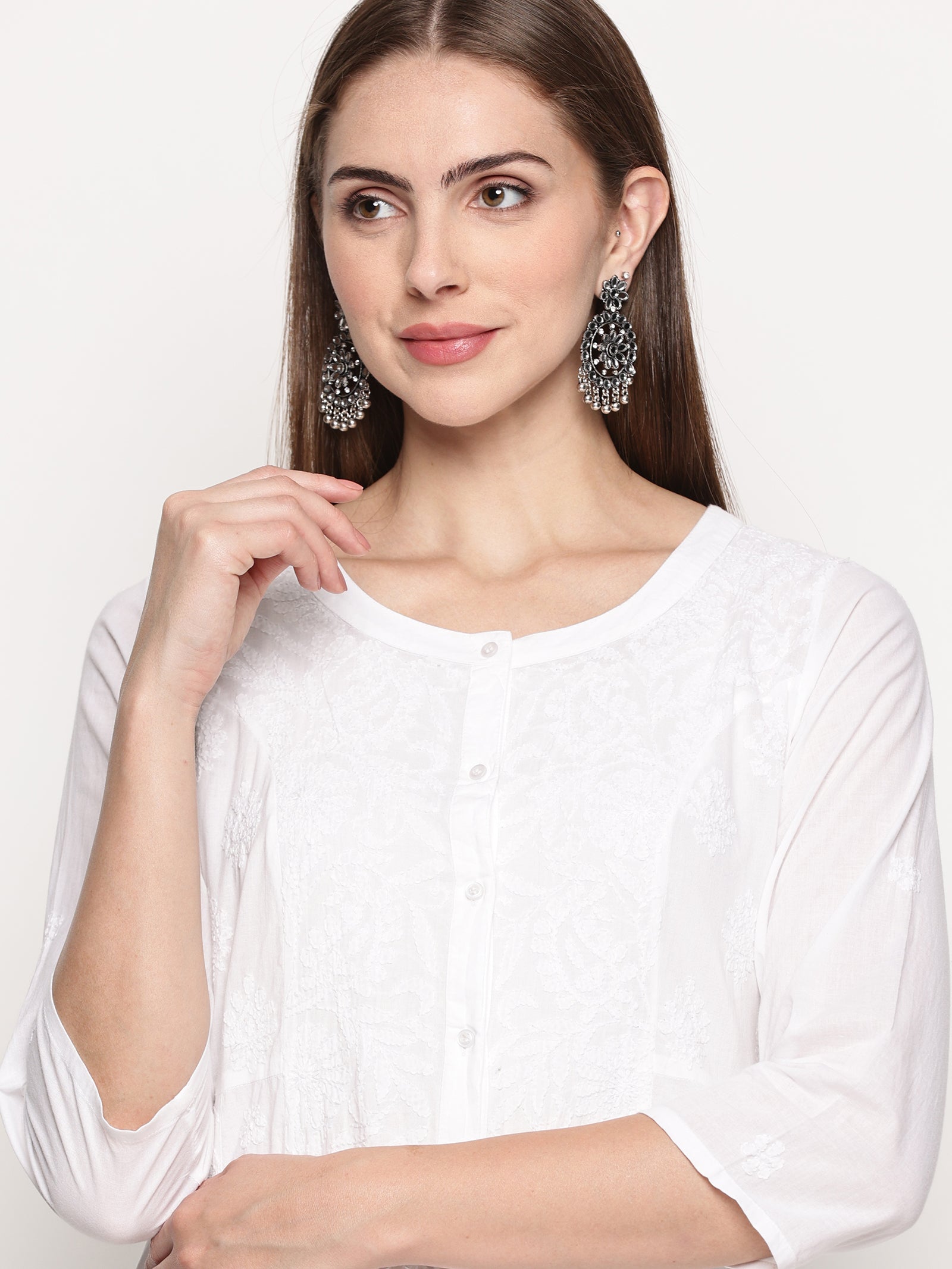 White Cotton Hand Embroidered Chikankari Kurti | Round Neck, 3/4 Sleeves, 46 Inches