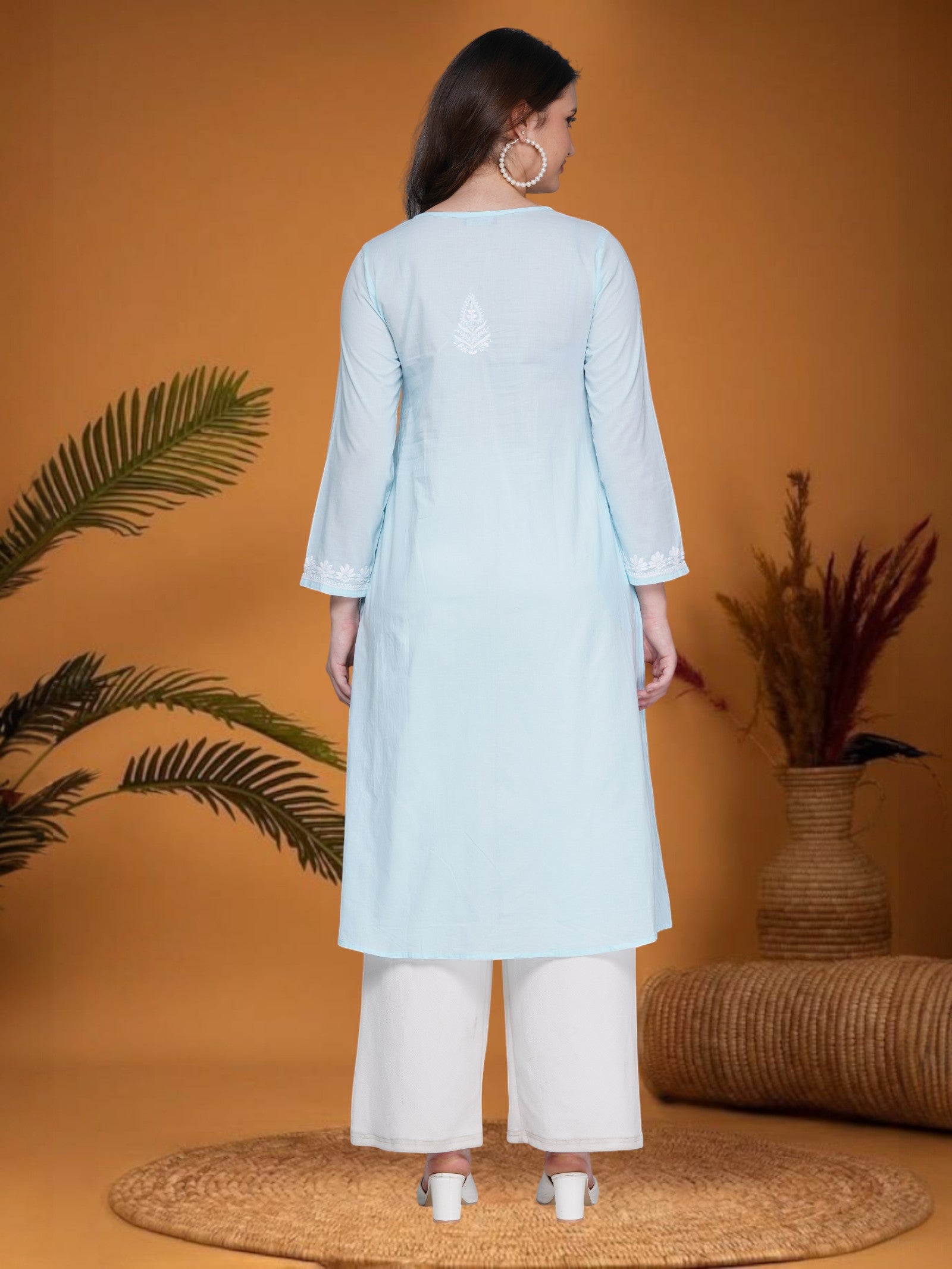 Light Blue Women’s Cotton Chikankari Hand Embroidered A-Line Kurta | Round Neck, 3/4 Sleeves, 46 Inch Long Ethnic Wear