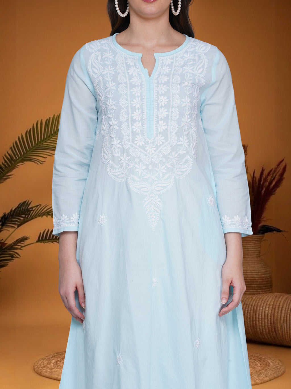 Light Blue Women’s Cotton Chikankari Hand Embroidered A-Line Kurta | Round Neck, 3/4 Sleeves, 46 Inch Long Ethnic Wear