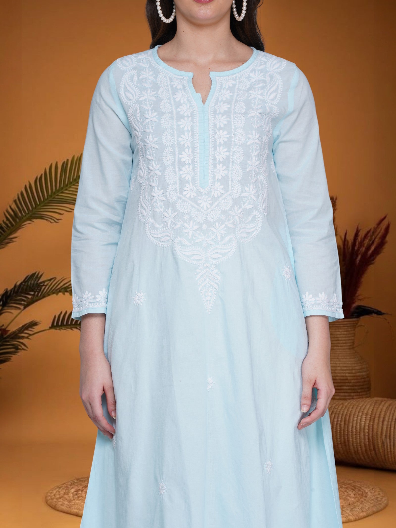 Light Blue Women’s Cotton Chikankari Hand Embroidered A-Line Kurta | Round Neck, 3/4 Sleeves, 46 Inch Long Ethnic Wear