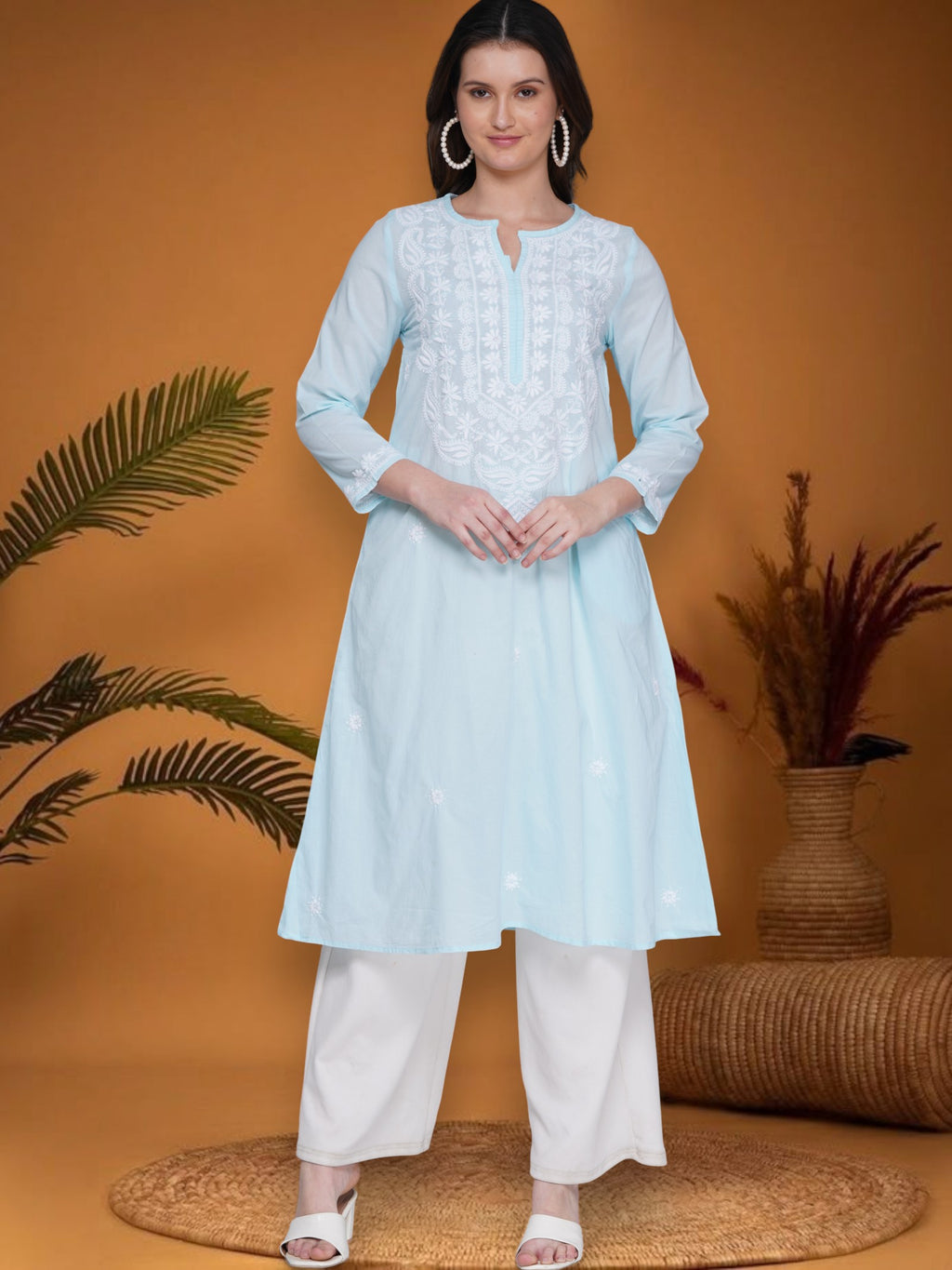 Light Blue Women’s Cotton Chikankari Hand Embroidered A-Line Kurta | Round Neck, 3/4 Sleeves, 46 Inch Long Ethnic Wear