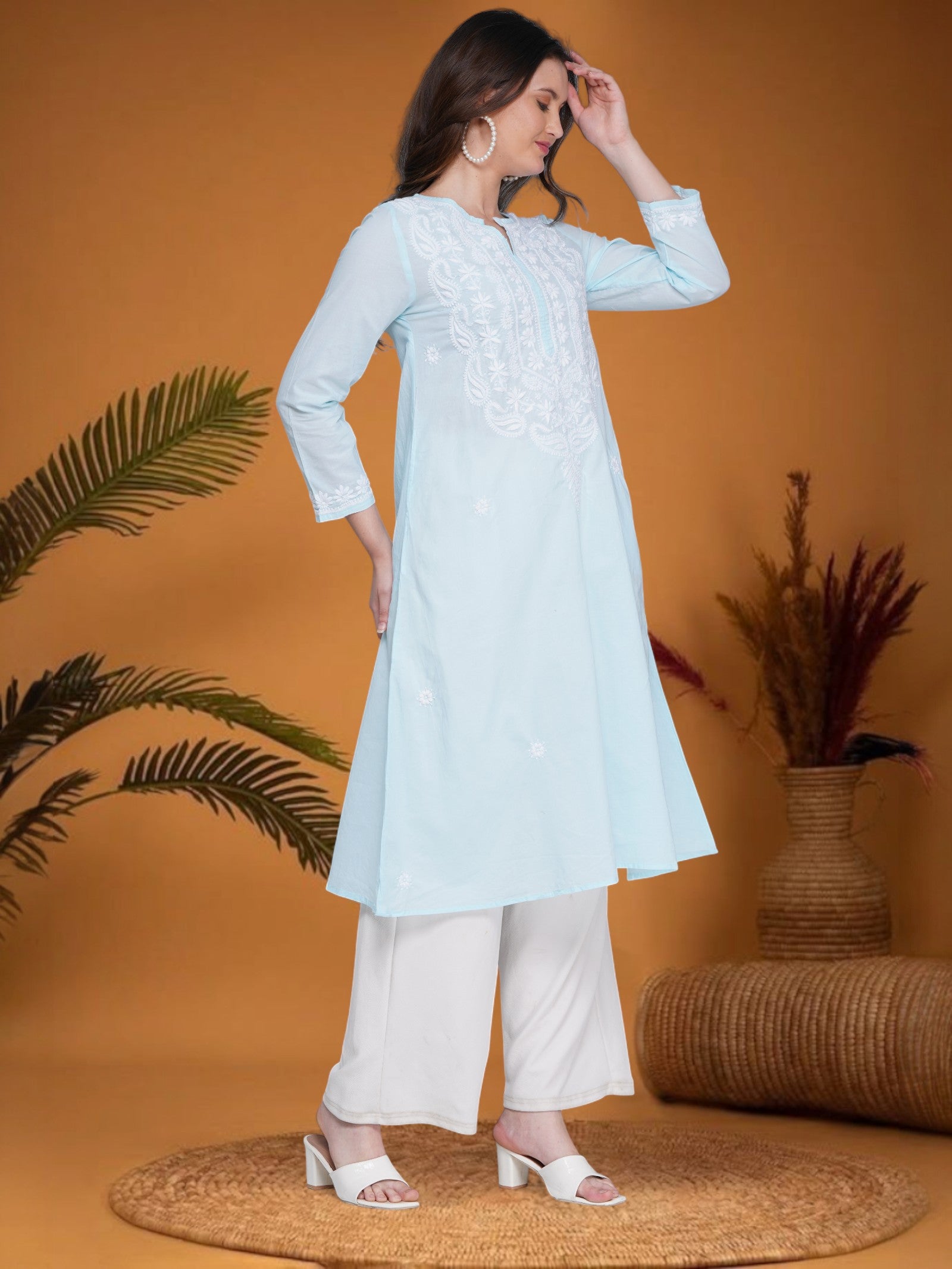 Light Blue Women’s Cotton Chikankari Hand Embroidered A-Line Kurta | Round Neck, 3/4 Sleeves, 46 Inch Long Ethnic Wear