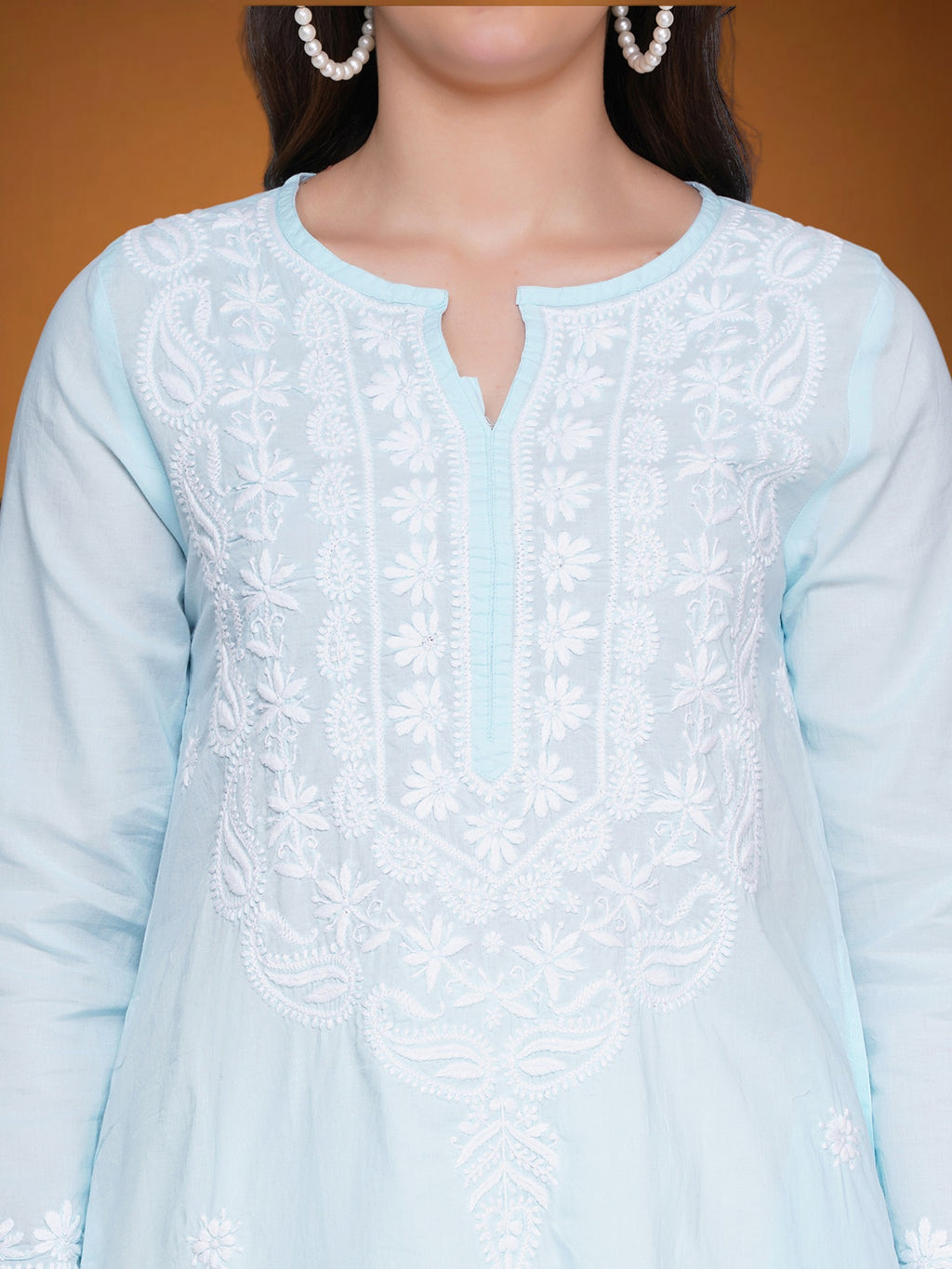Light Blue Women’s Cotton Chikankari Hand Embroidered A-Line Kurta | Round Neck, 3/4 Sleeves, 46 Inch Long Ethnic Wear