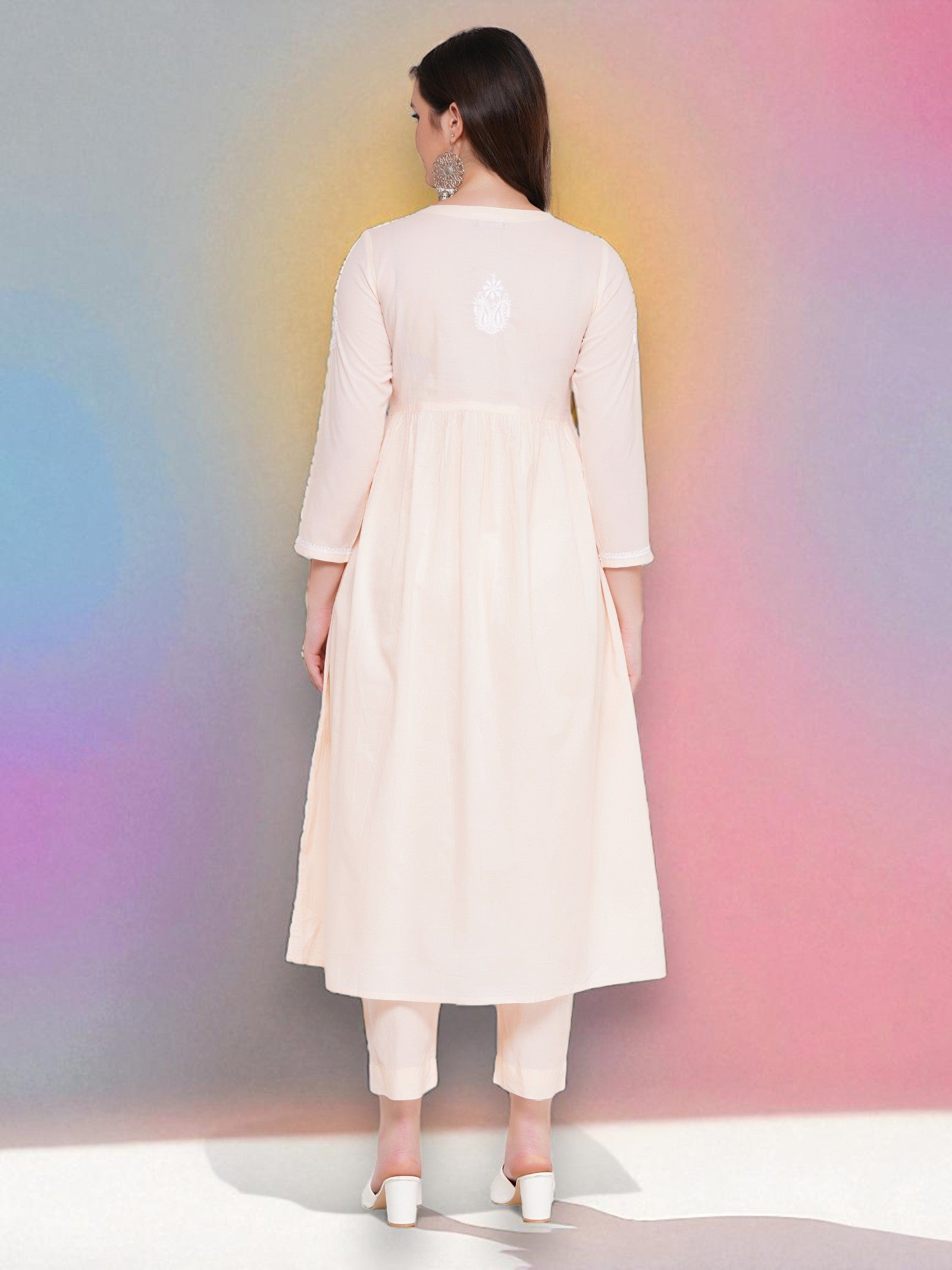 Peach Cotton Chikankari V-Neck Kurta for Women | 3/4 Sleeves | 46 Inch Length