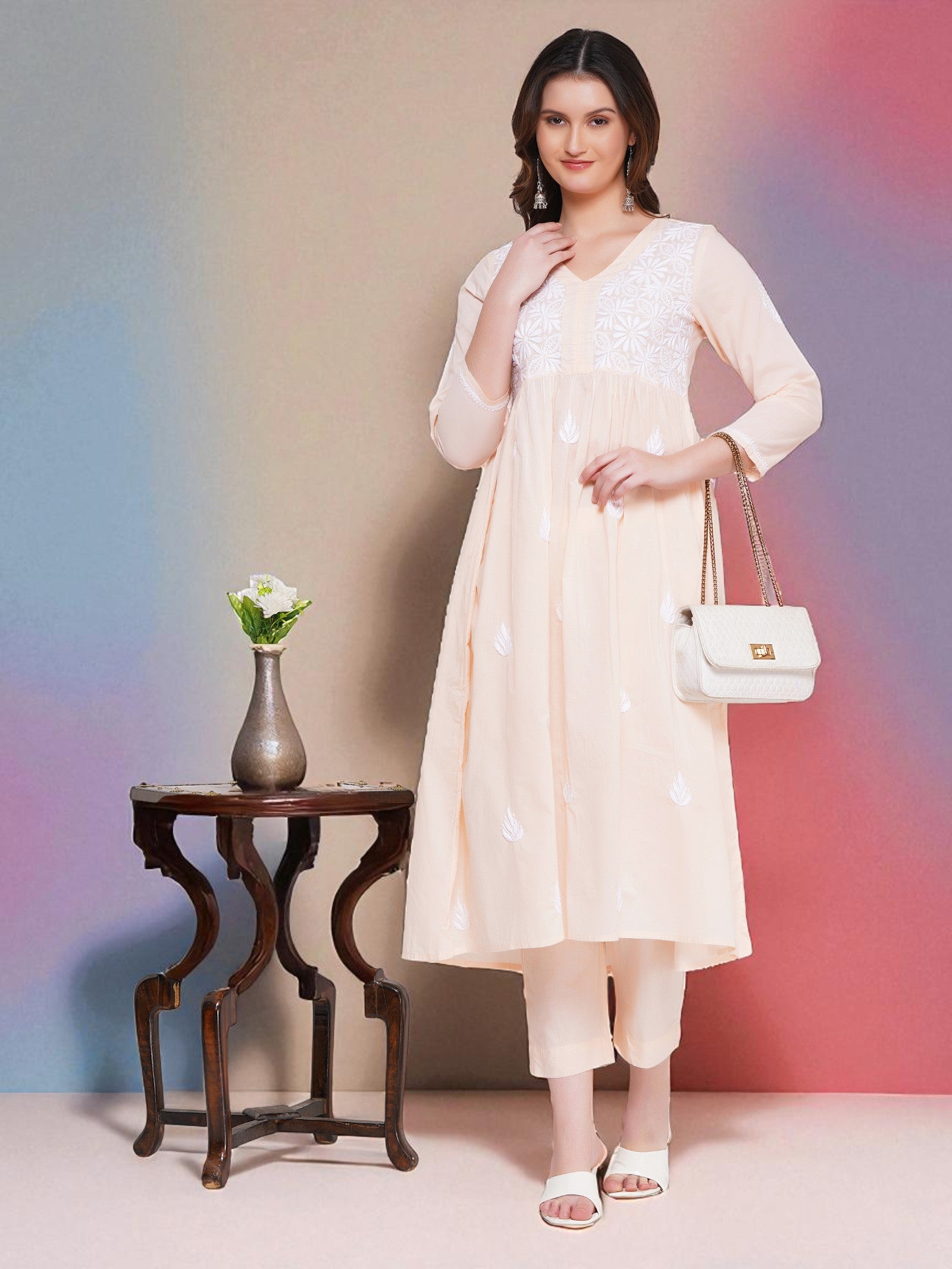 Peach Cotton Chikankari V-Neck Kurta for Women | 3/4 Sleeves | 46 Inch Length