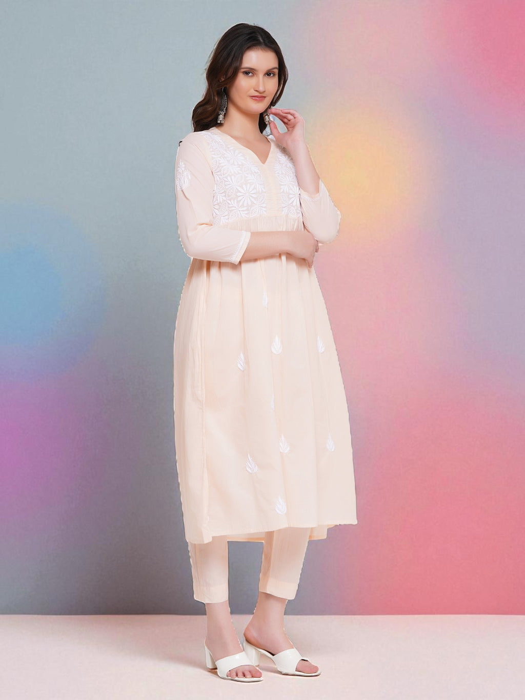 Peach Cotton Chikankari V-Neck Kurta for Women | 3/4 Sleeves | 46 Inch Length