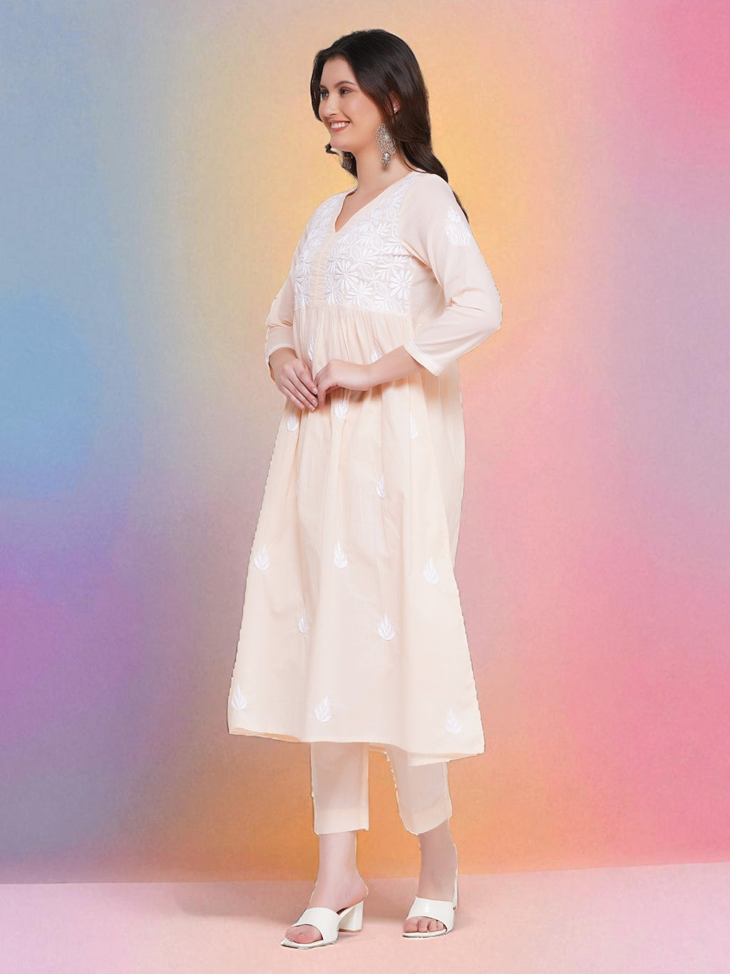 Peach Cotton Chikankari V-Neck Kurta for Women | 3/4 Sleeves | 46 Inch Length