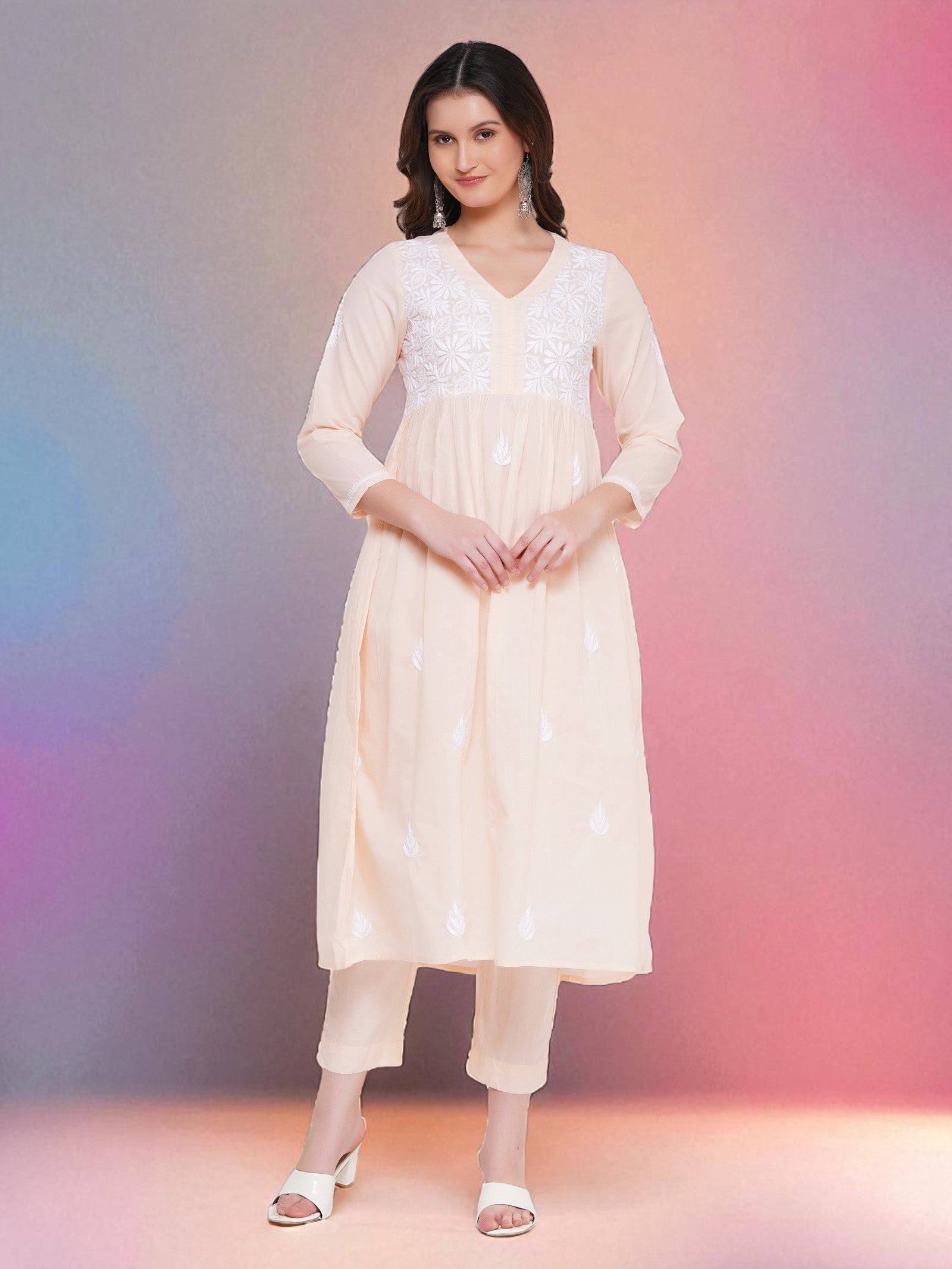 Peach Cotton Chikankari V-Neck Kurta for Women | 3/4 Sleeves | 46 Inch Length