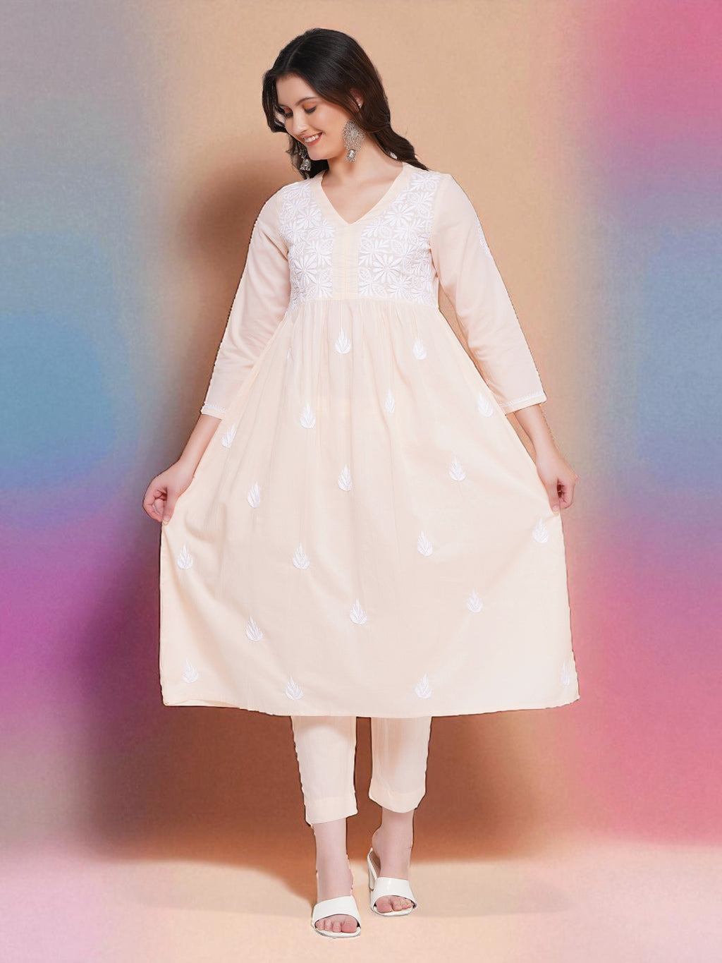 Peach Cotton Chikankari V-Neck Kurta for Women | 3/4 Sleeves | 46 Inch Length