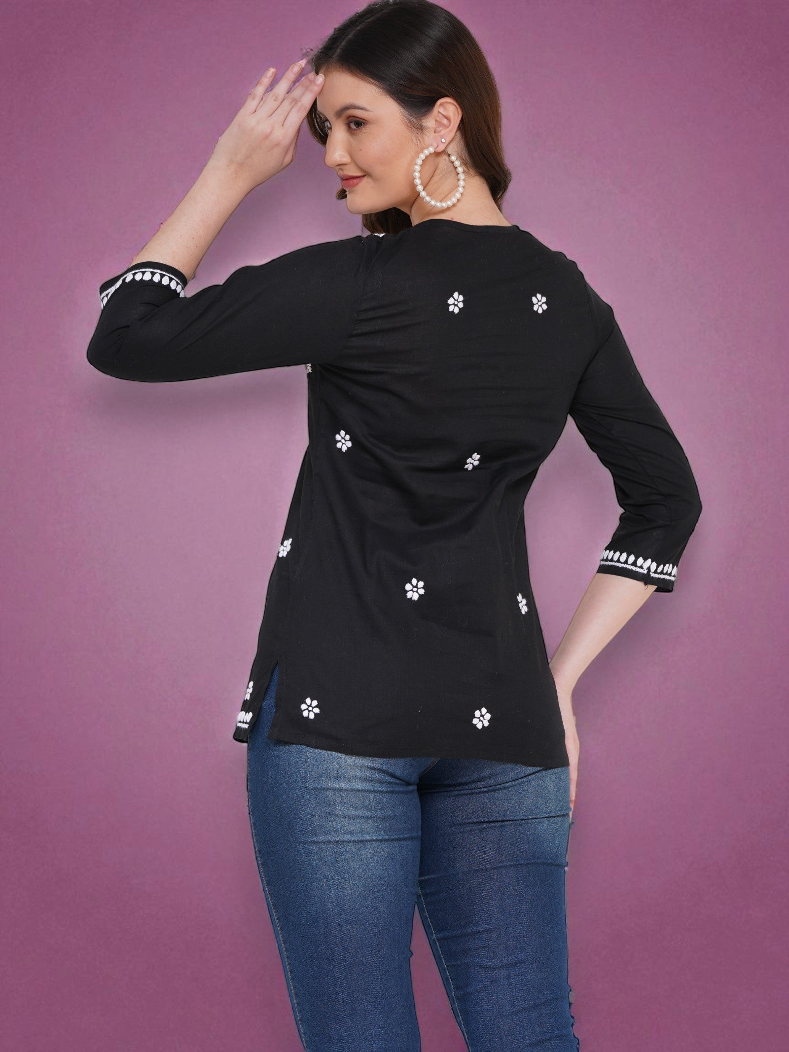 Women's Black Cotton Handcrafted Chikankari Straight Cut Tunic Top | Round Neck, 3/4 Sleeves, 27 Inches