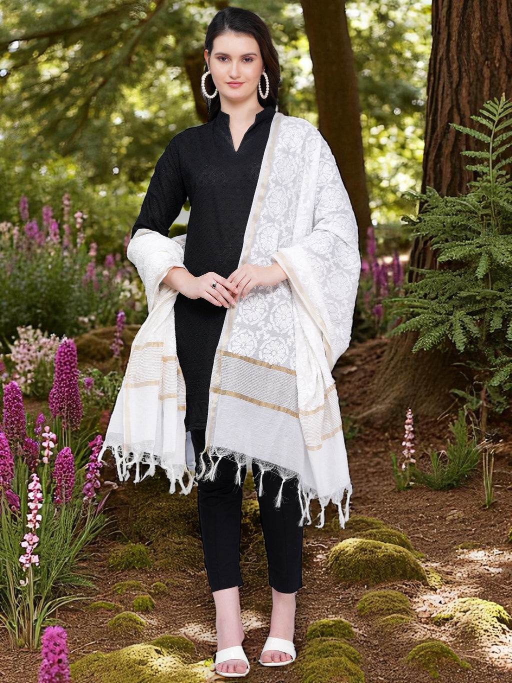 White Chanderi Cotton Hand Embroidered Chikankari Dupatta