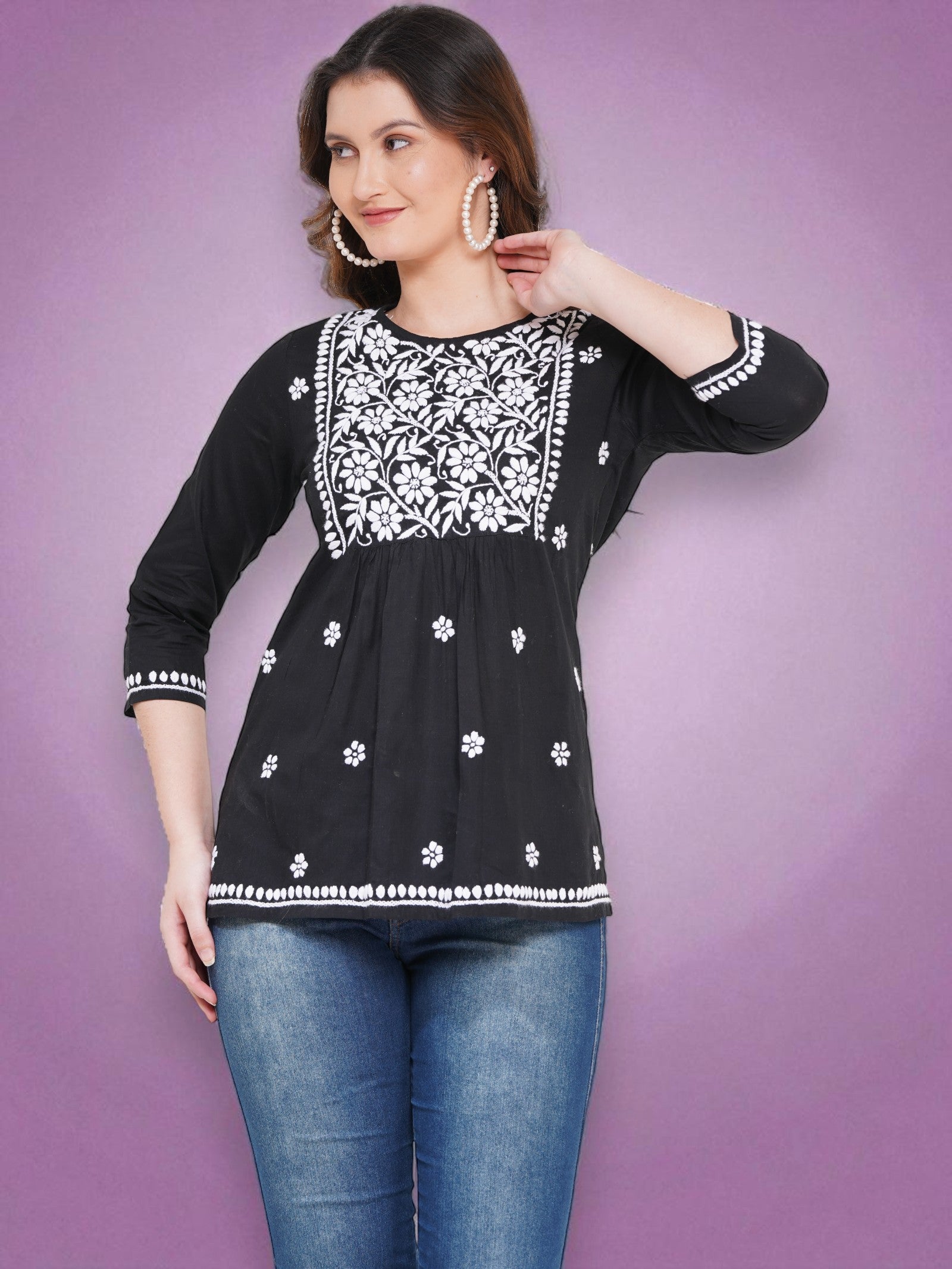 Women's Black Cotton Handcrafted Chikankari Straight Cut Tunic Top | Round Neck, 3/4 Sleeves, 27 Inches