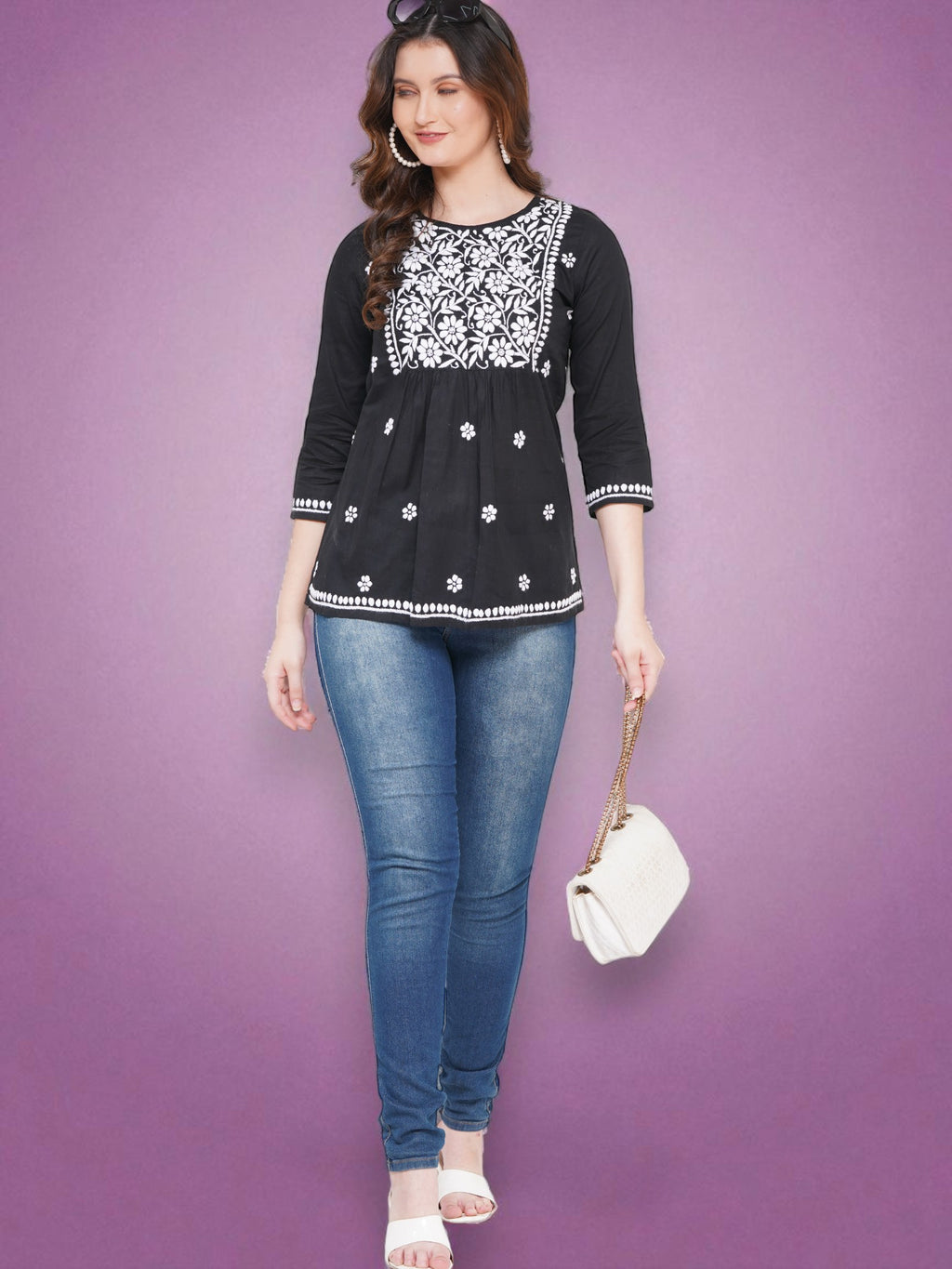 Women's Black Cotton Handcrafted Chikankari Straight Cut Tunic Top | Round Neck, 3/4 Sleeves, 27 Inches