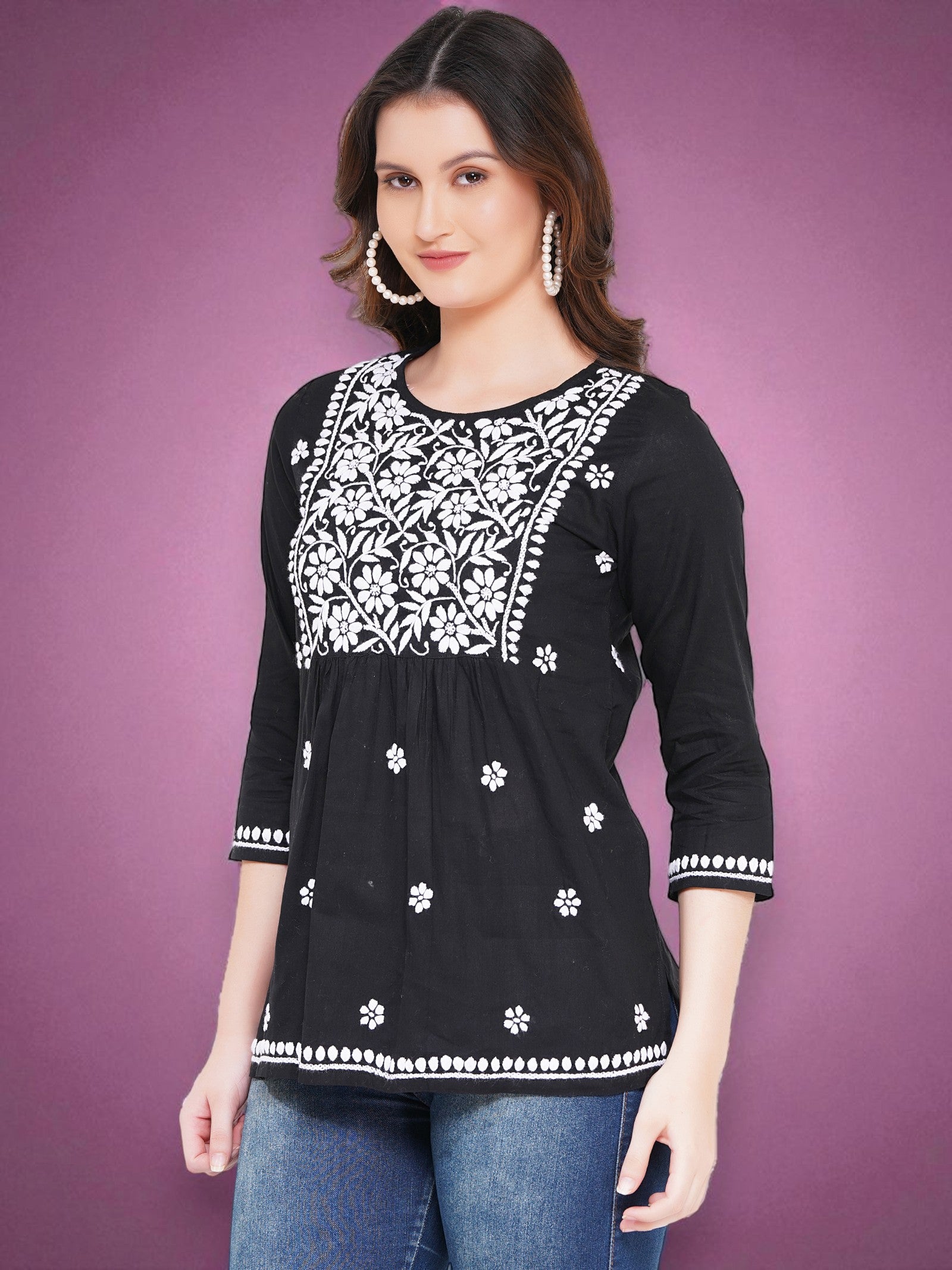 Women's Black Cotton Handcrafted Chikankari Straight Cut Tunic Top | Round Neck, 3/4 Sleeves, 27 Inches