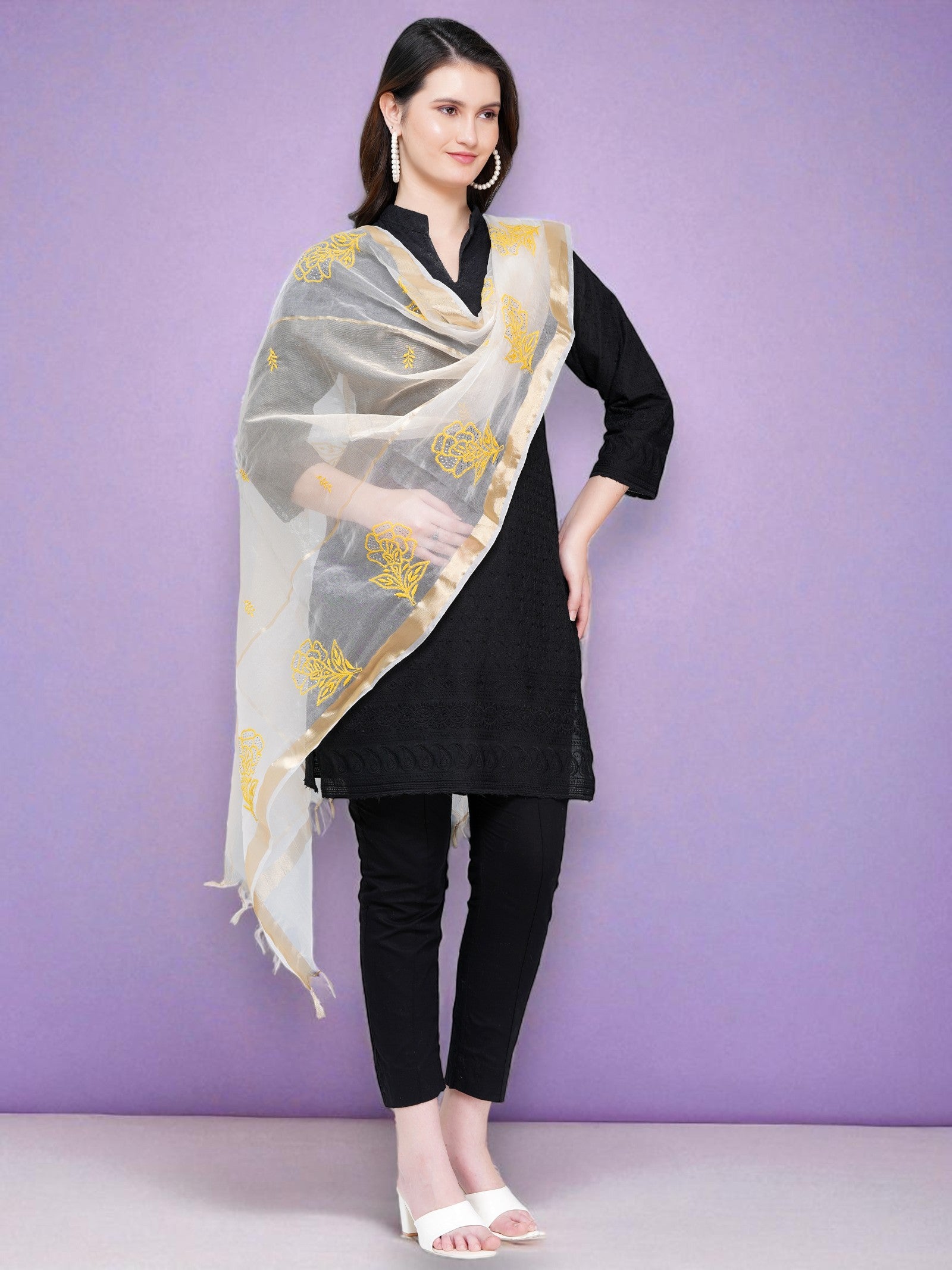Golden Light Weight Organza Chikankari Dupatta With Mukaish Work