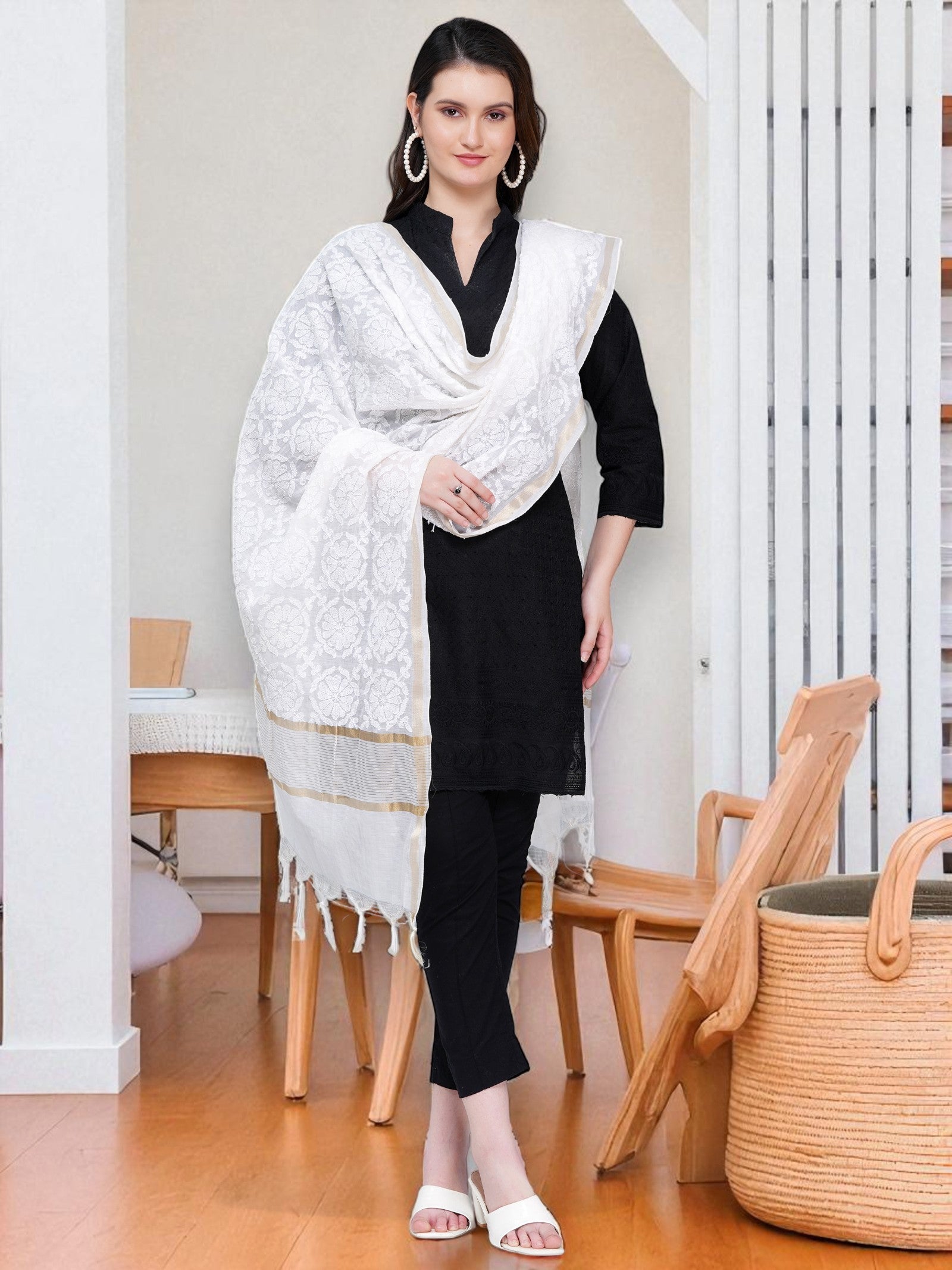 White Chanderi Cotton Hand Embroidered Chikankari Dupatta