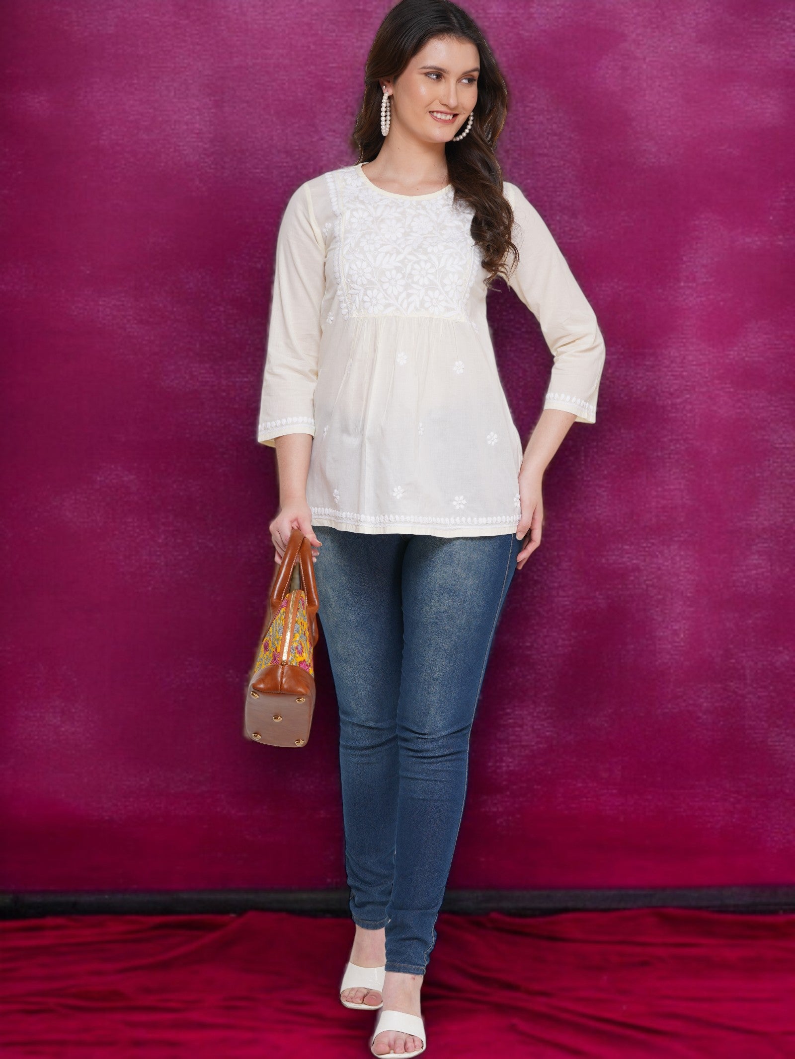 Light Yellow Cotton Handcrafted Chikankari Straight Cut Tunic Top