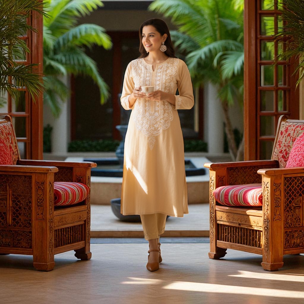 Woman in a beige traditional outfit standing in a sunlit room with wooden chairs and plants.