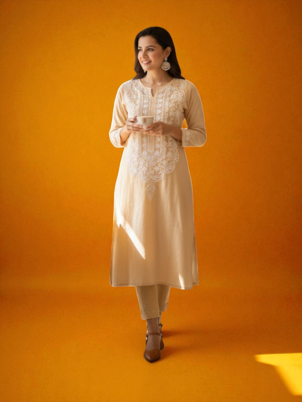 Beige Cotton Chikankari  Kurta