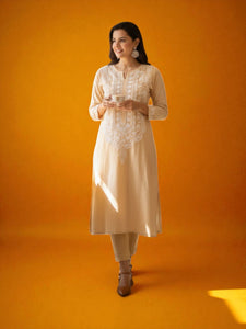 Beige Cotton Chikankari  Kurta