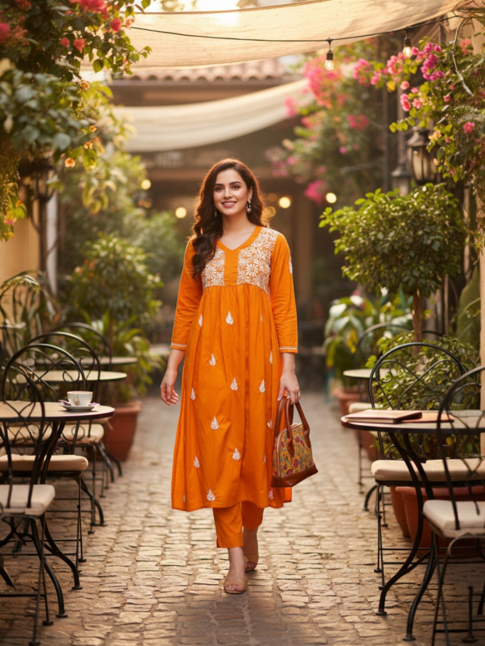 Pure Cotton Chikankari Mustard Yellow V-Neck Kurta for Women | 3/4 Sleeves | 46 Inch Length