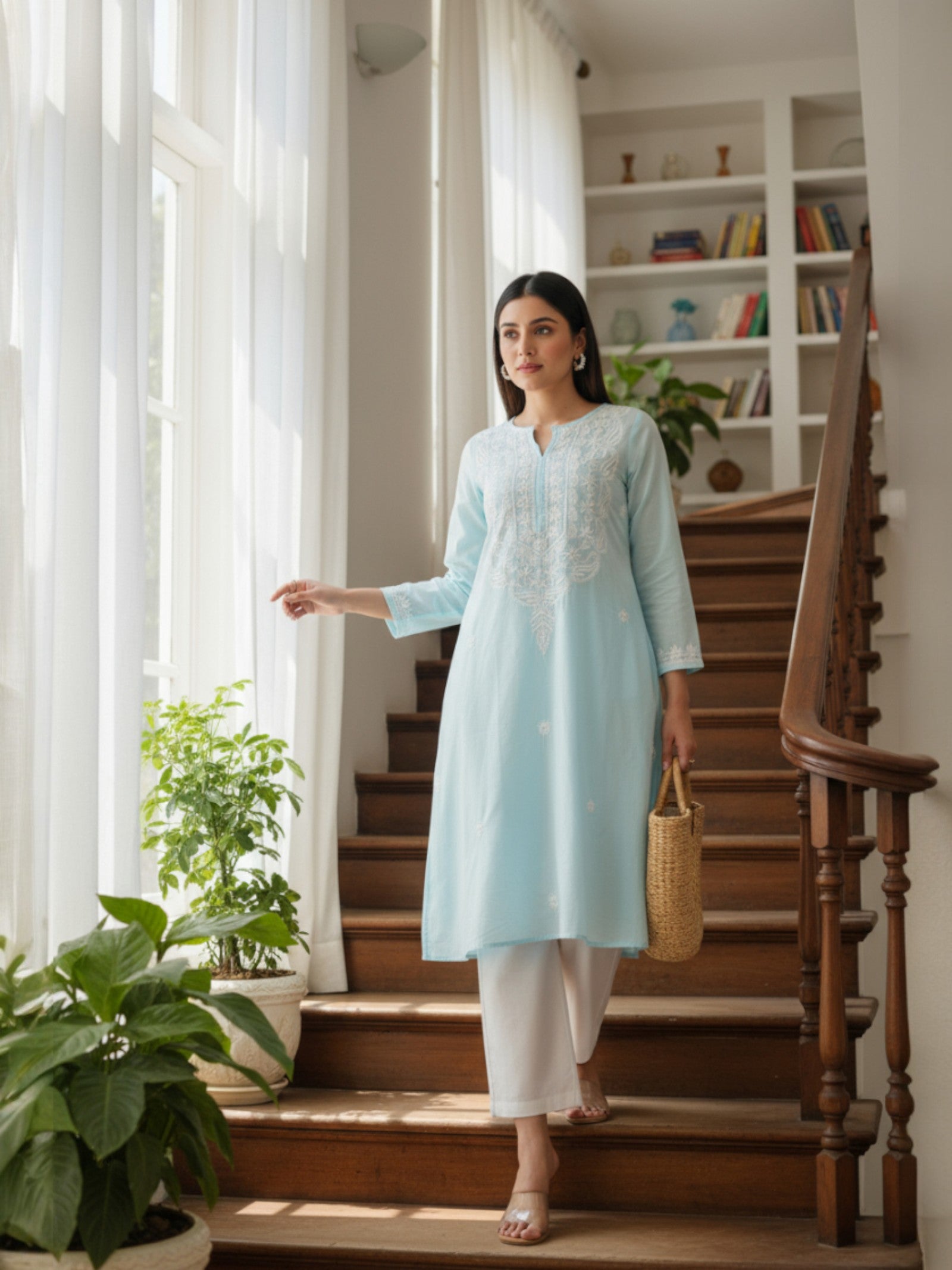 Light Blue Women’s Cotton Chikankari Hand Embroidered A-Line Kurta | Round Neck, 3/4 Sleeves, 46 Inch Long Ethnic Wear