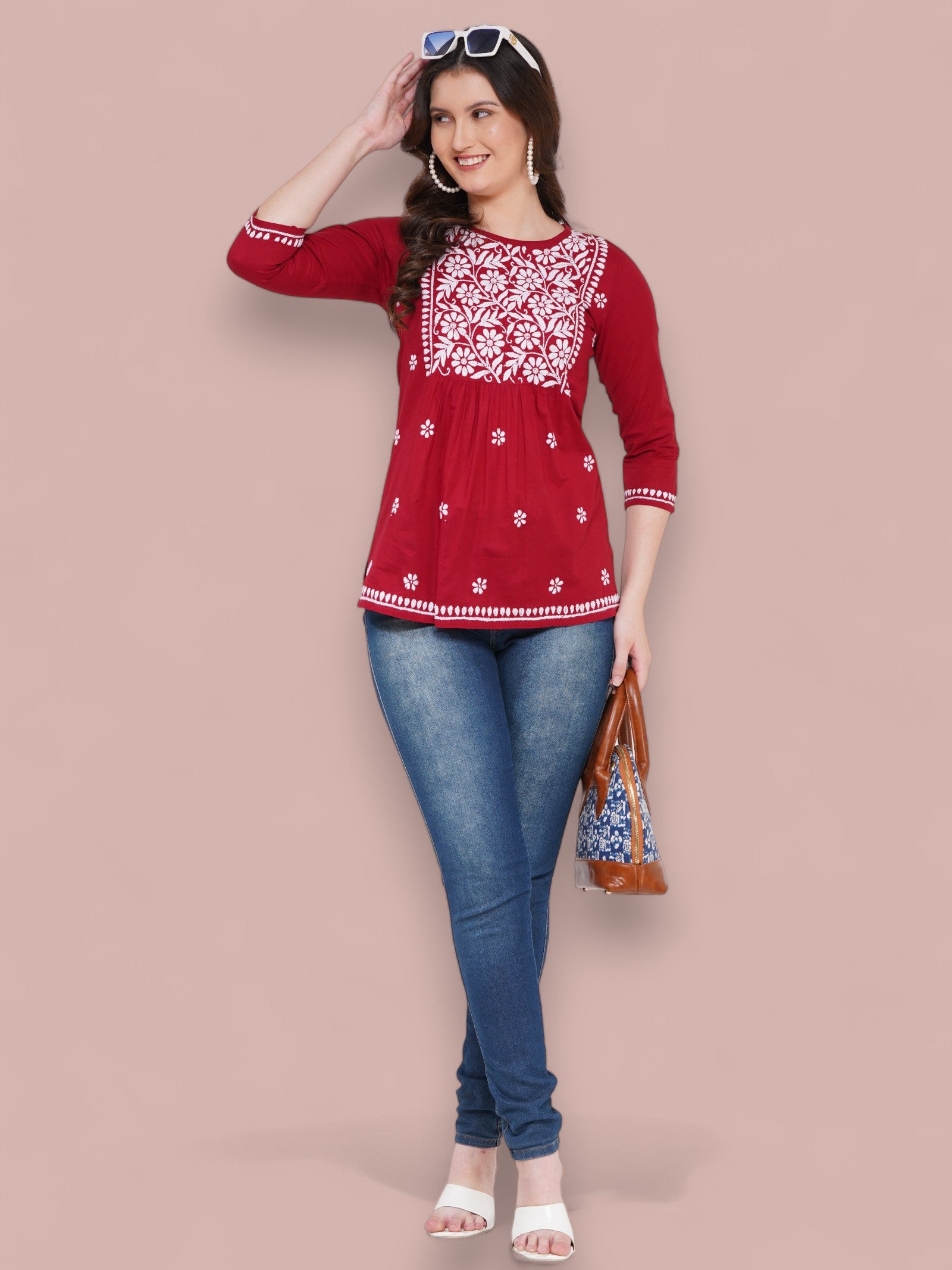 Maroon Cotton Handcrafted Chikankari Straight Cut Tunic Top