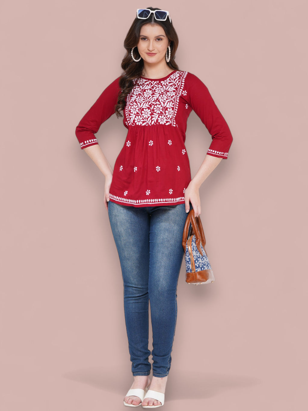 Maroon Cotton Handcrafted Chikankari Straight Cut Tunic Top