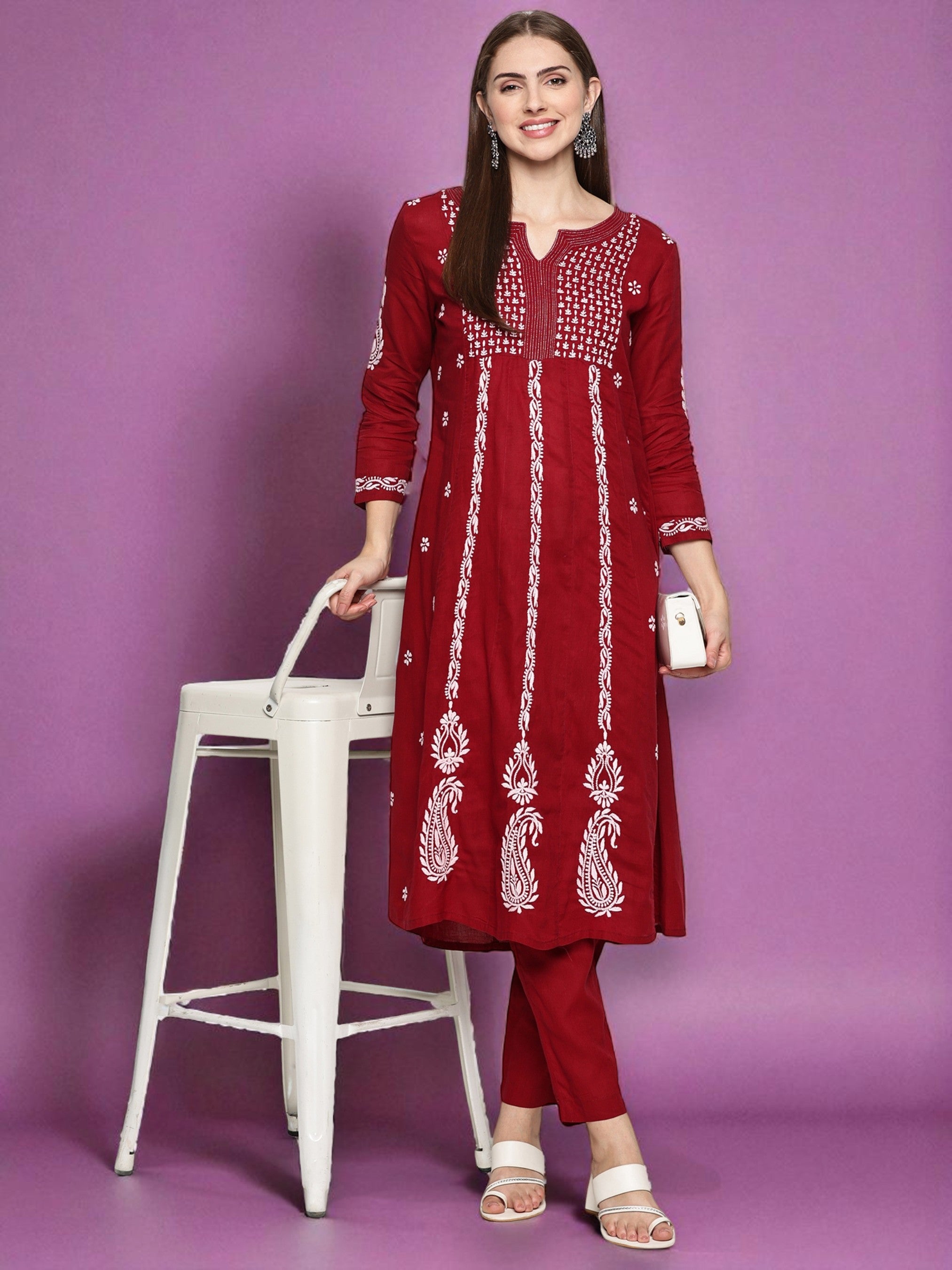Women’s Maroon Cotton Hand-Embroidered Chikankari Kurti – Round Neck, 3/4 Sleeves, 45 Inches