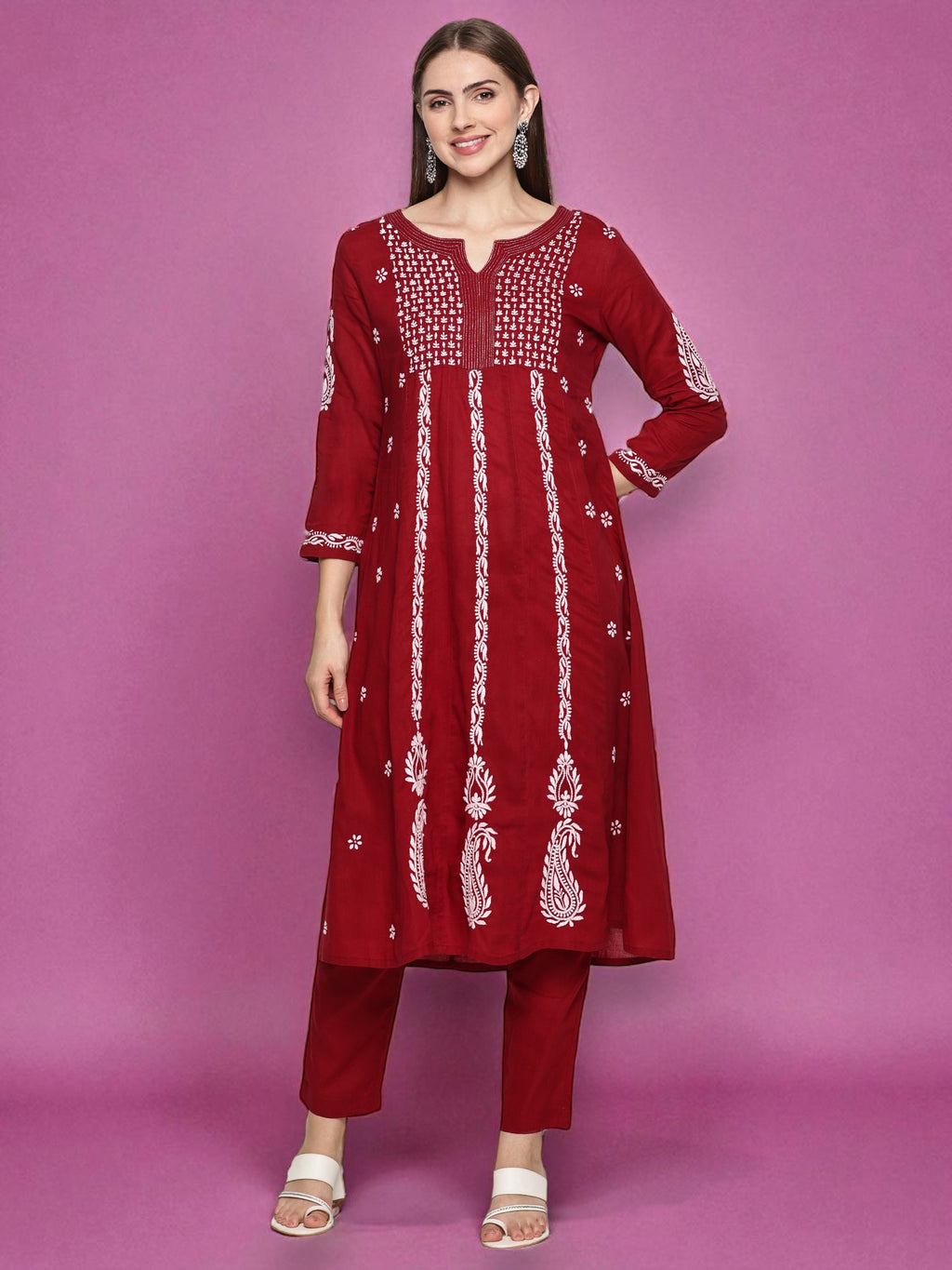 Women’s Maroon Cotton Hand-Embroidered Chikankari Kurti – Round Neck, 3/4 Sleeves, 45 Inches
