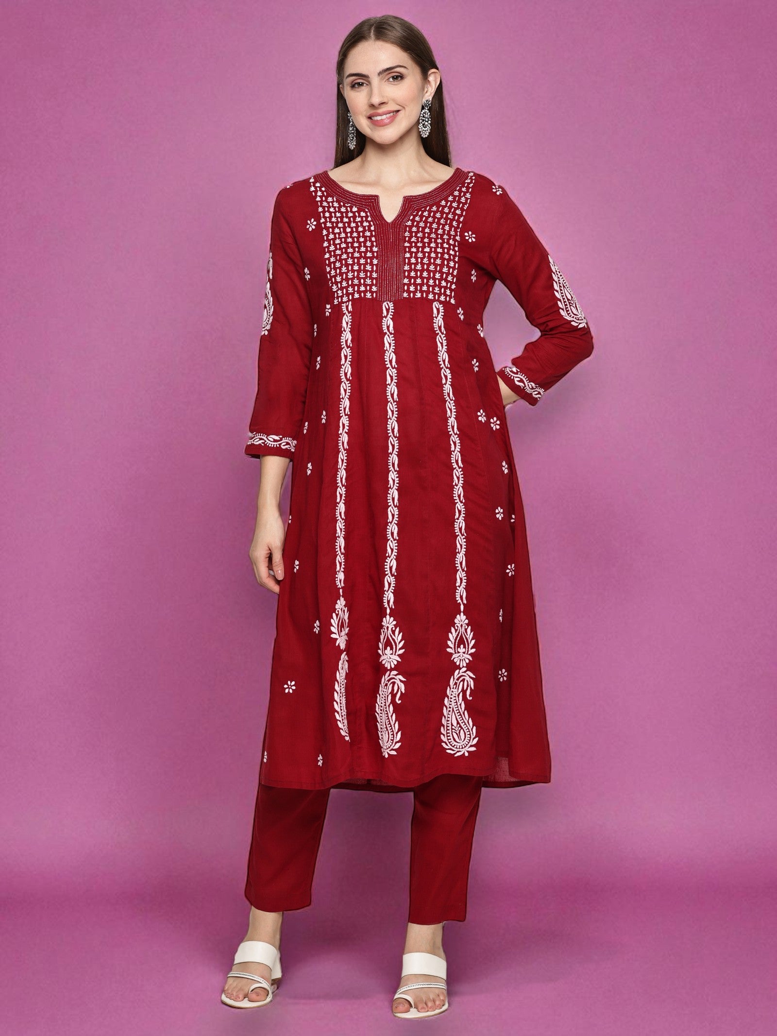 Women’s Maroon Cotton Hand-Embroidered Chikankari Kurti – Round Neck, 3/4 Sleeves, 45 Inches