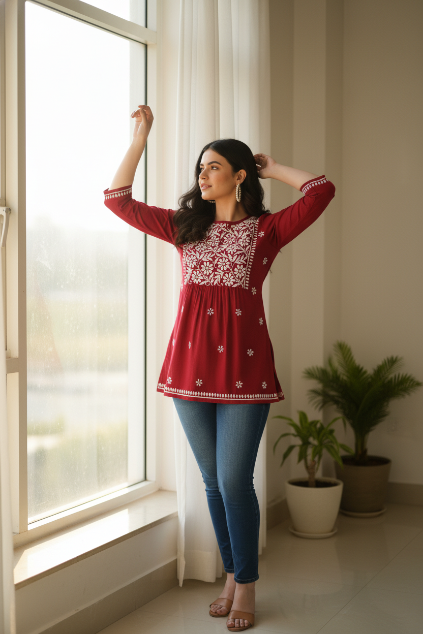 Chikankari Top for Women | Pure Cotton 27 Inch Kurti | Hand Embroidered Lucknowi Kurta