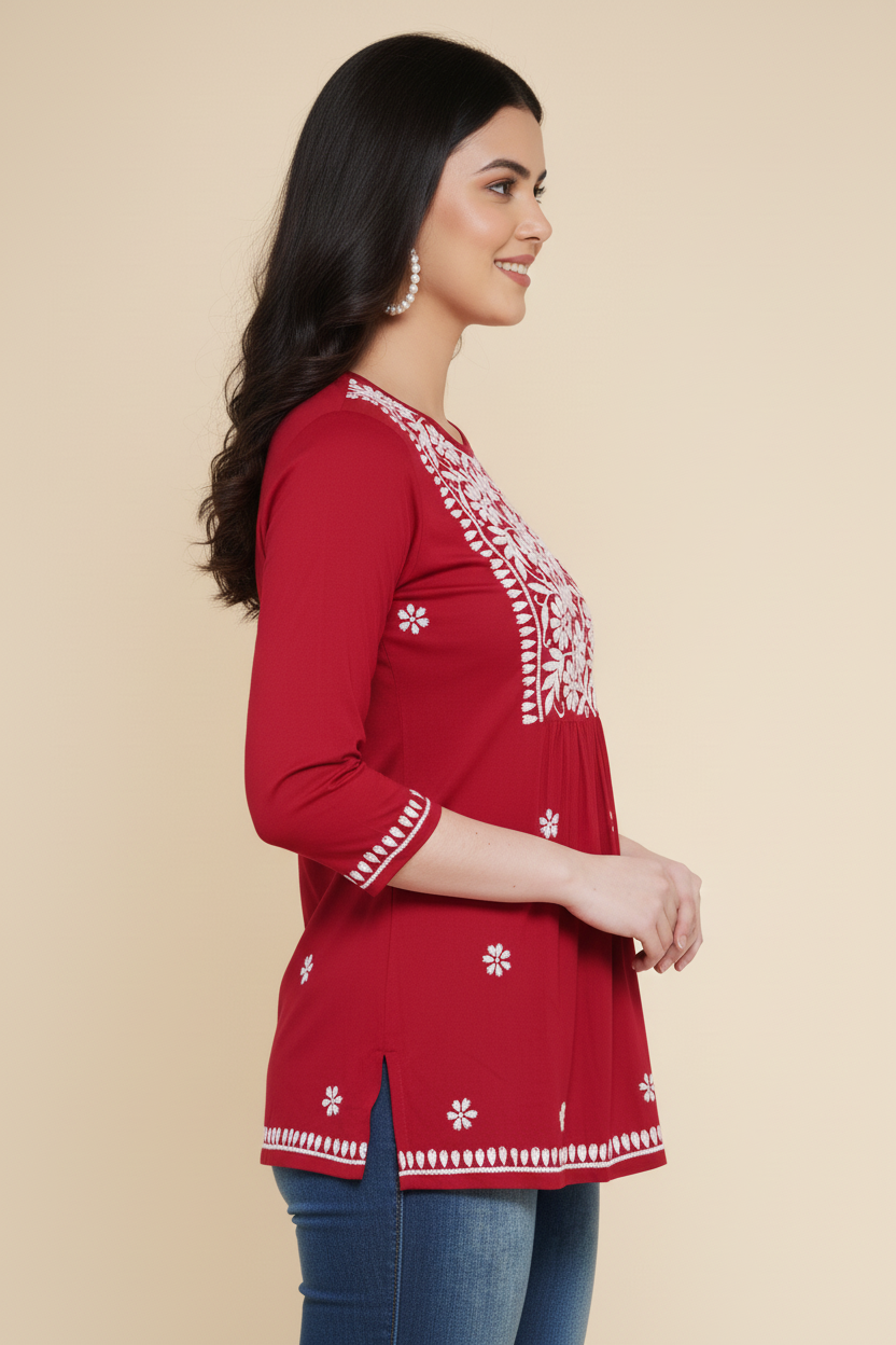 Chikankari Top for Women | Pure Cotton 27 Inch Kurti | Hand Embroidered Lucknowi Kurta