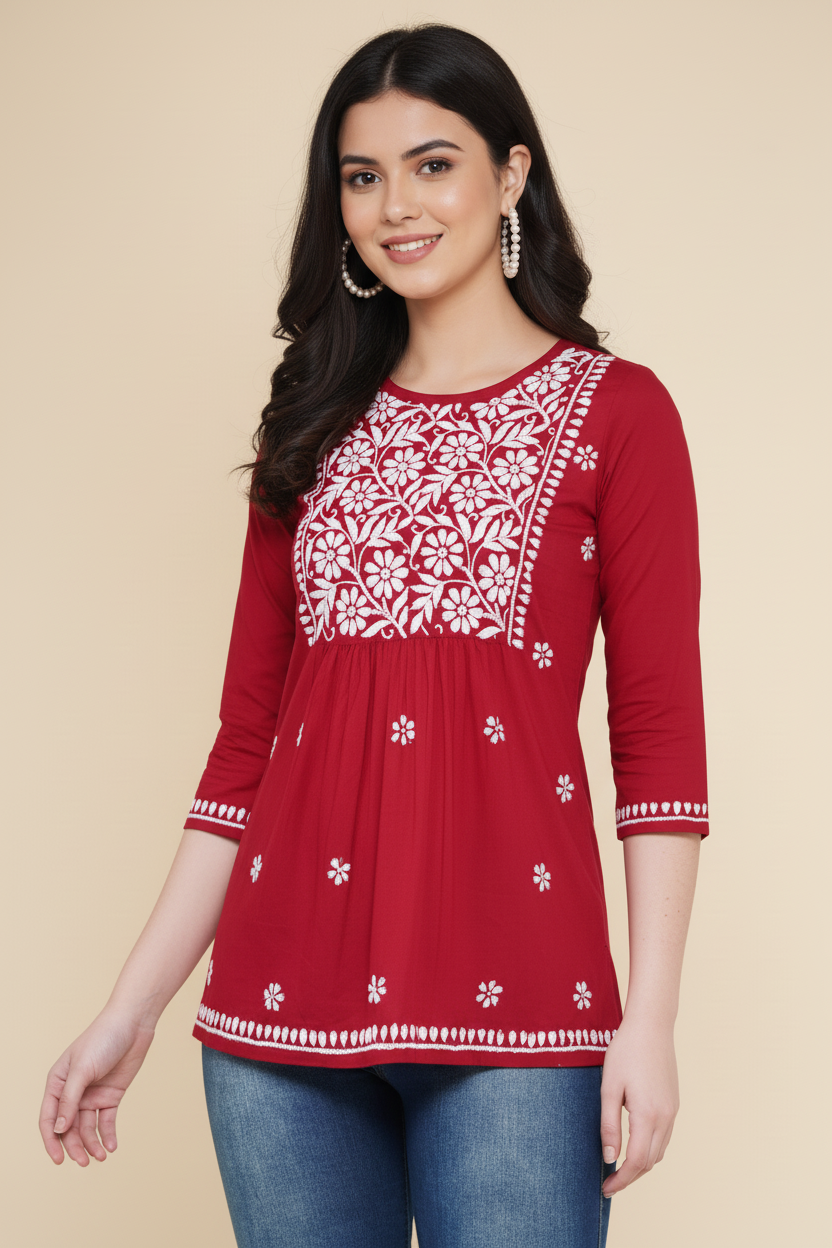 Chikankari Top for Women | Pure Cotton 27 Inch Kurti | Hand Embroidered Lucknowi Kurta