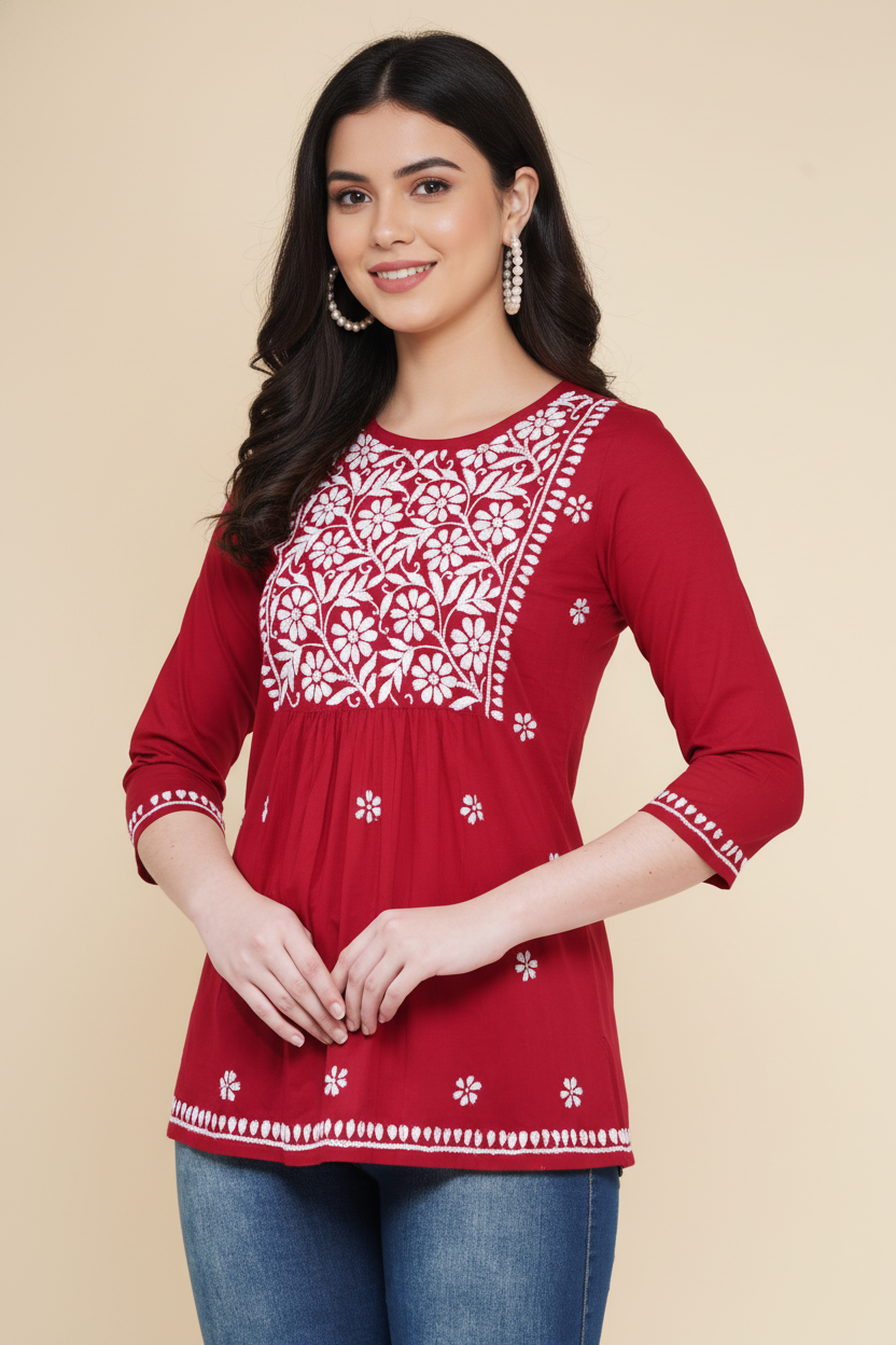 Chikankari Top for Women | Pure Cotton 27 Inch Kurti | Hand Embroidered Lucknowi Kurta