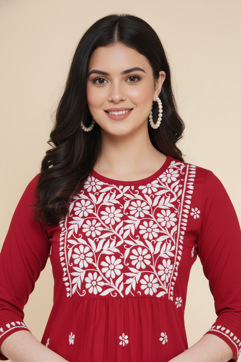 Chikankari Top for Women | Pure Cotton 27 Inch Kurti | Hand Embroidered Lucknowi Kurta