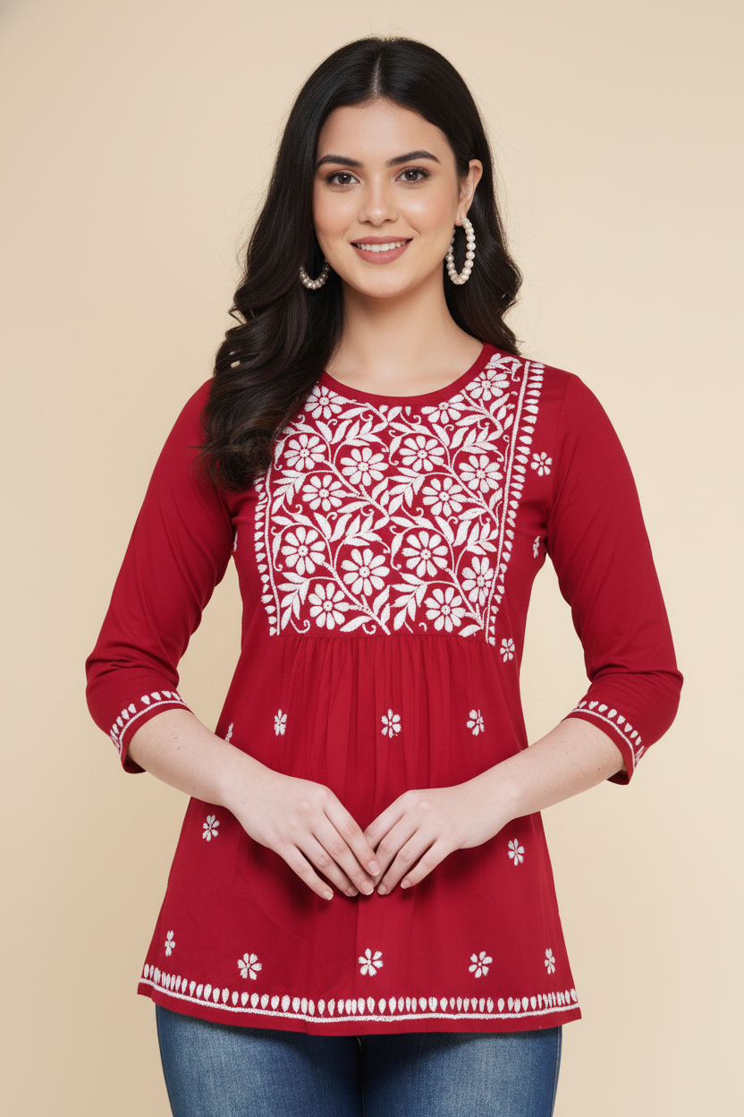Chikankari Top for Women | Pure Cotton 27 Inch Kurti | Hand Embroidered Lucknowi Kurta
