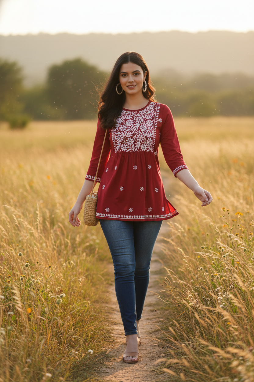 Chikankari Top for Women | Pure Cotton 27 Inch Kurti | Hand Embroidered Lucknowi Kurta