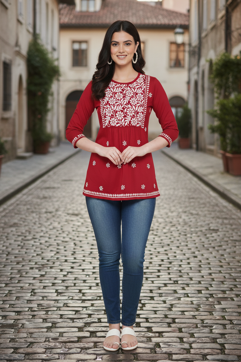 Chikankari Top for Women | Pure Cotton 27 Inch Kurti | Hand Embroidered Lucknowi Kurta