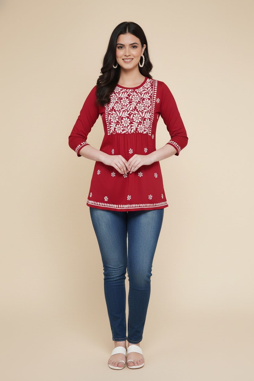 Chikankari Top for Women | Pure Cotton 27 Inch Kurti | Hand Embroidered Lucknowi Kurta