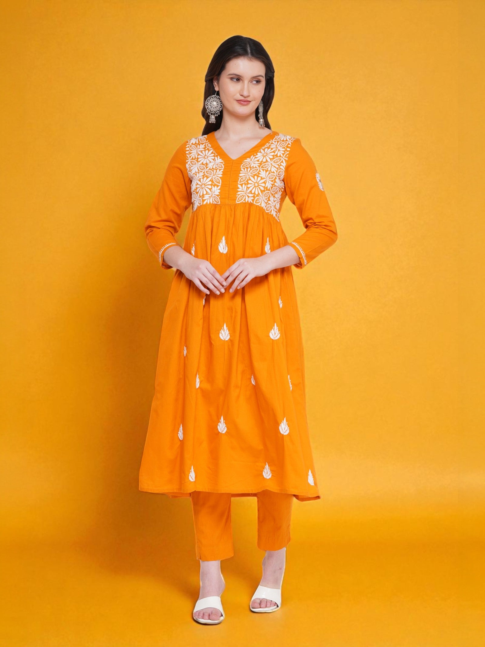 Pure Cotton Chikankari Mustard Yellow V-Neck Kurta for Women | 3/4 Sleeves | 46 Inch Length