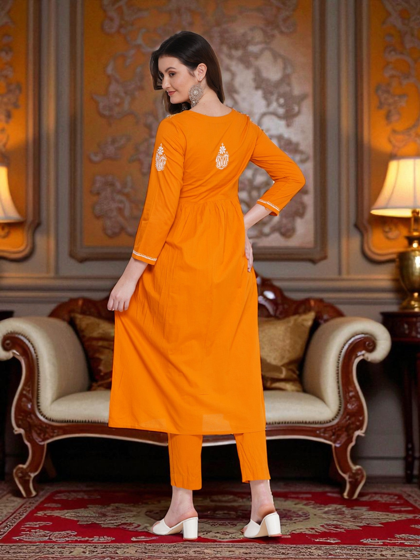 Pure Cotton Chikankari Mustard Yellow V-Neck Kurta for Women | 3/4 Sleeves | 46 Inch Length