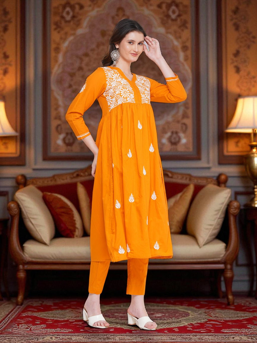 Pure Cotton Chikankari Mustard Yellow V-Neck Kurta for Women | 3/4 Sleeves | 46 Inch Length