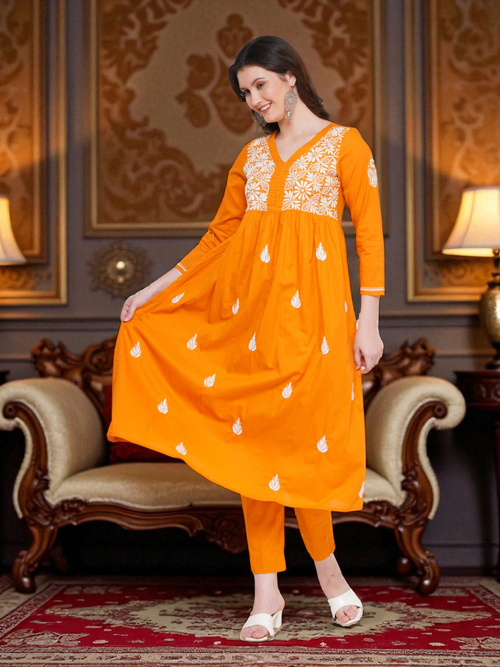 Pure Cotton Chikankari Mustard Yellow V-Neck Kurta for Women | 3/4 Sleeves | 46 Inch Length